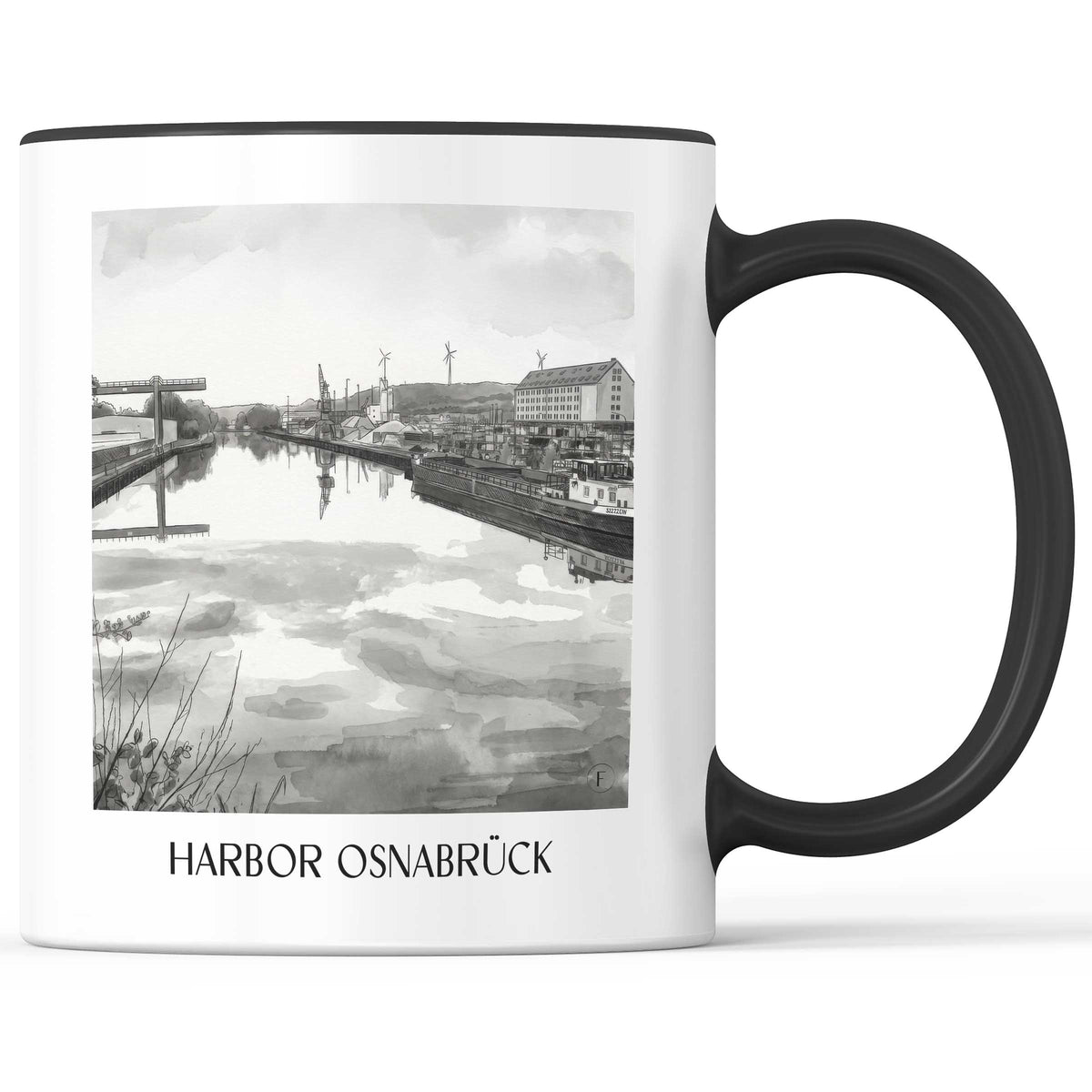 Hafen Kaffeebecher - Osnabrück - Deutschland Becher - Kaffeetasse im Aquarell Schwarz-Weiß Stil - favplace