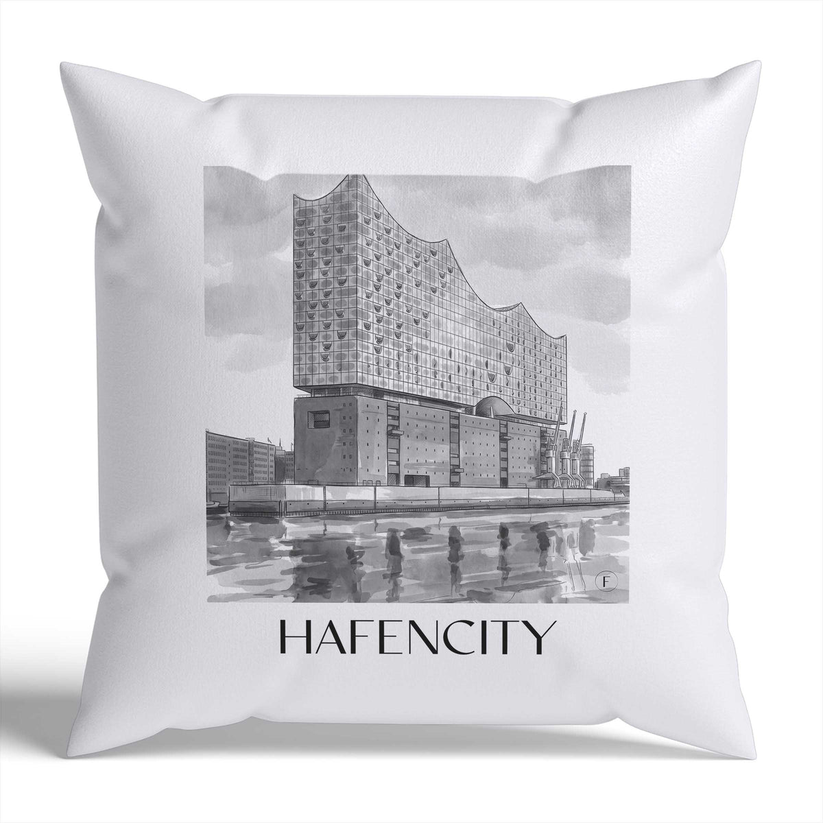 Hafencity Kissenhülle - Zierkissen Bezug - Hamburg - Deutschland Kissen bzw. Kissenbezug im Aquarell Schwarz-Weiß Stil - favplace