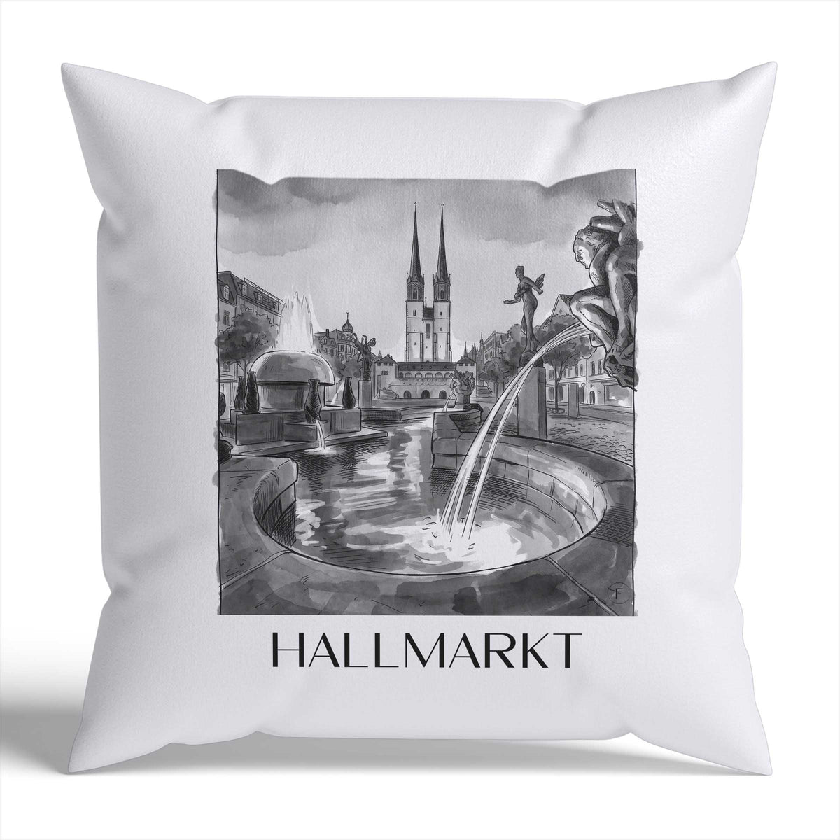 Hallmarkt Kissenhülle - Zierkissen Bezug - Halle - Deutschland Kissen bzw. Kissenbezug im Aquarell Schwarz-Weiß Stil - favplace