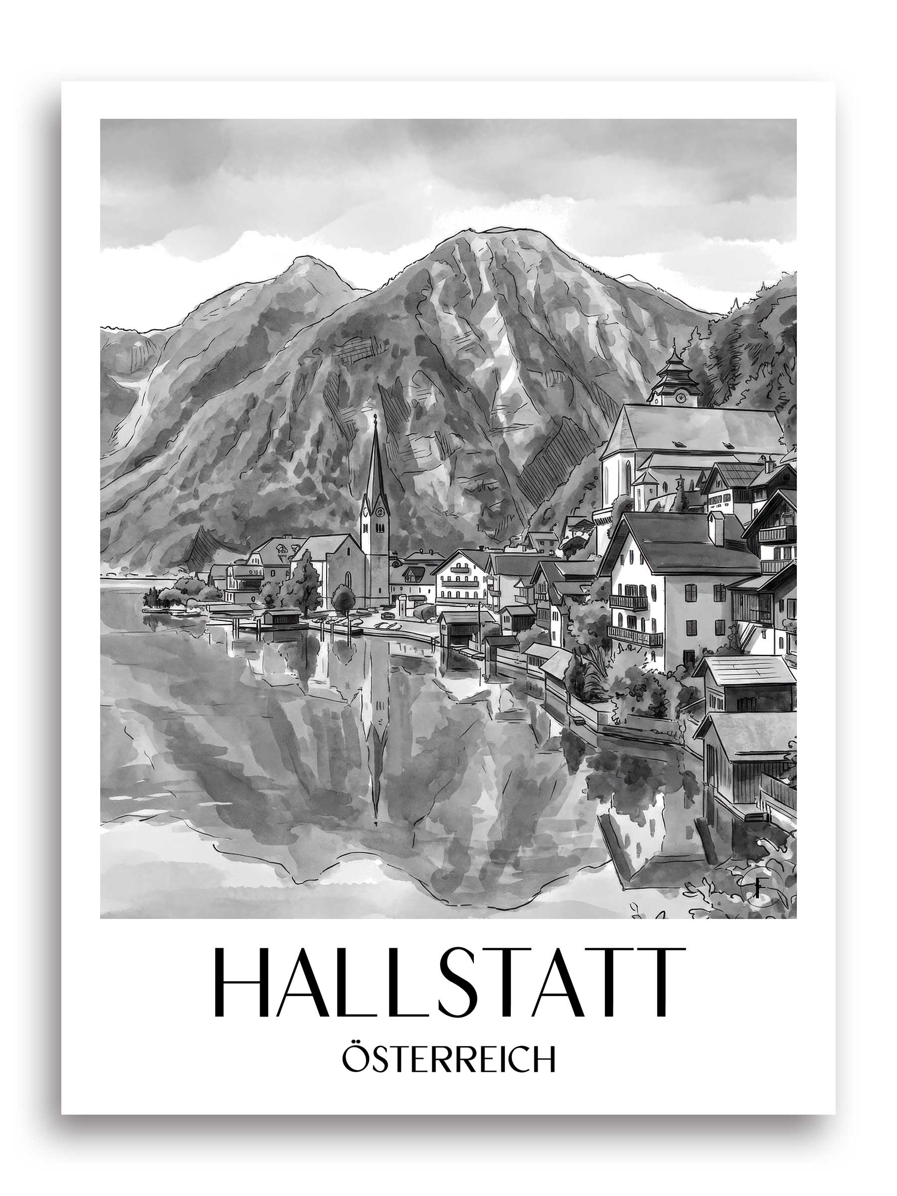 hallstatt-österreich-poster-aquarell-schwarz-weiss