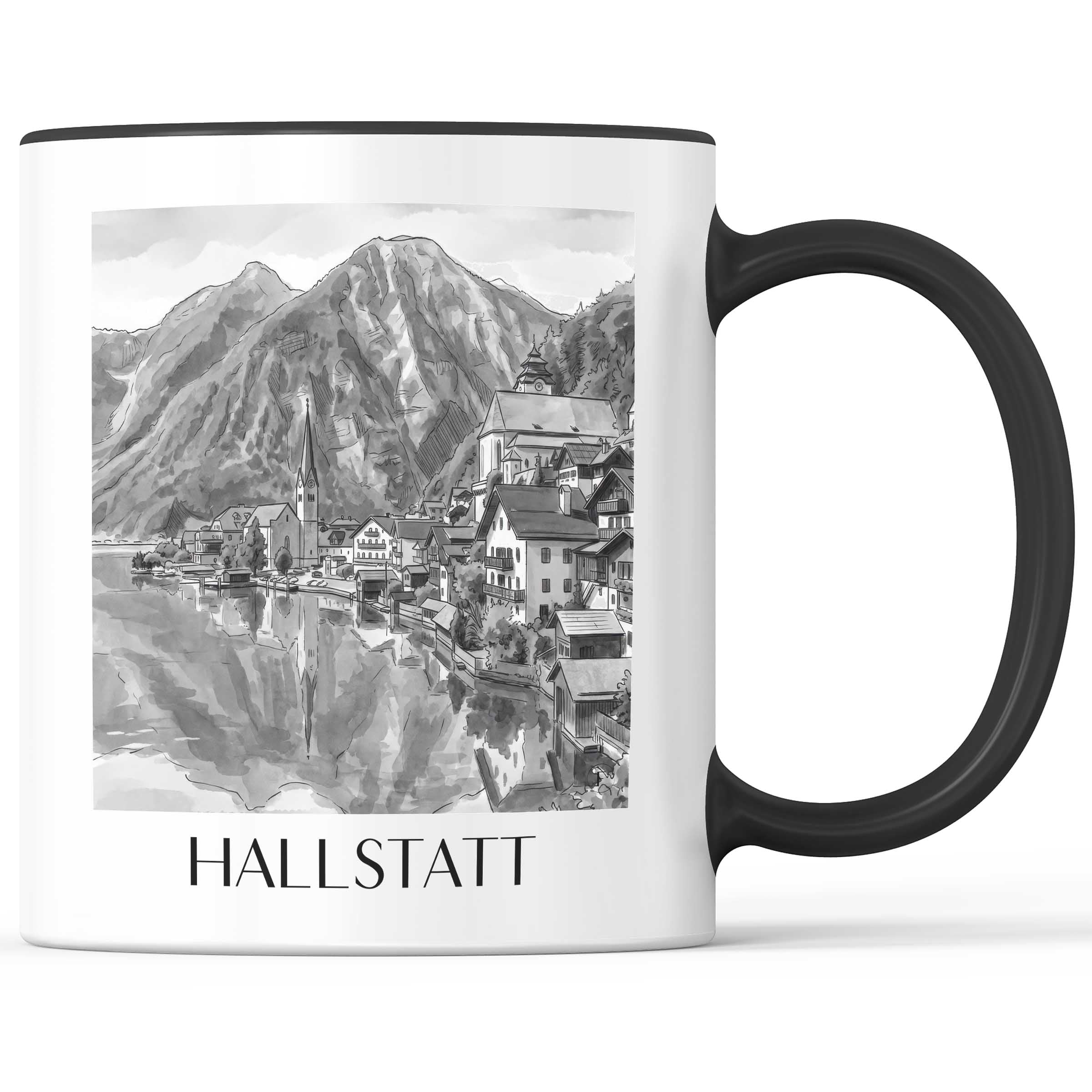hallstatt-österreich-kaffeebecher-aquarell-schwarz-weiss