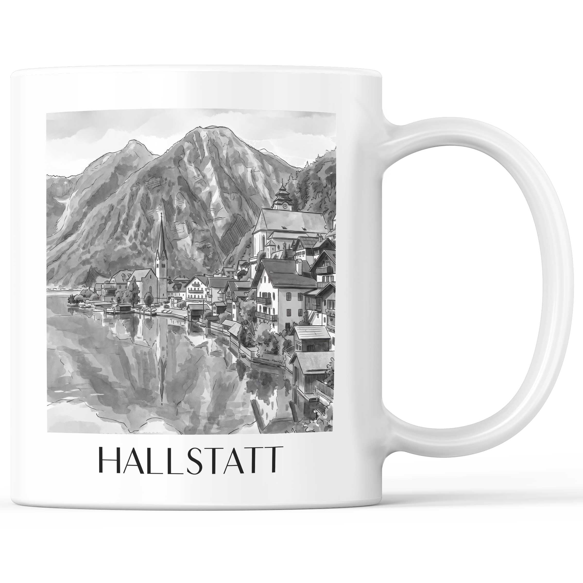 Hallstatt - Österreich Becher - Kaffeetasse im Aquarell Schwarz-Weiß Stil - favplace