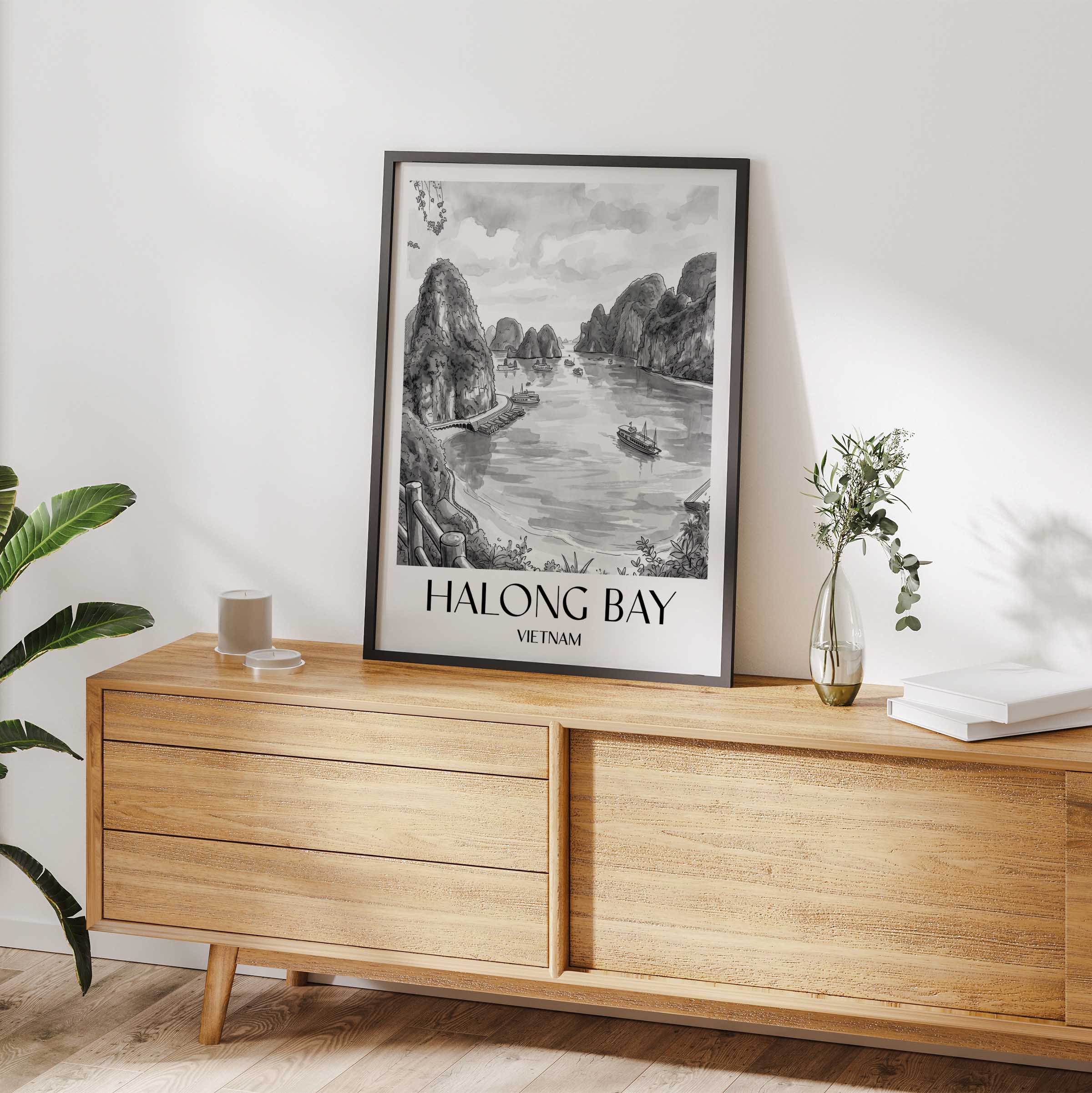halong-bay-vietnam-poster-aquarell-schwarz-weiss