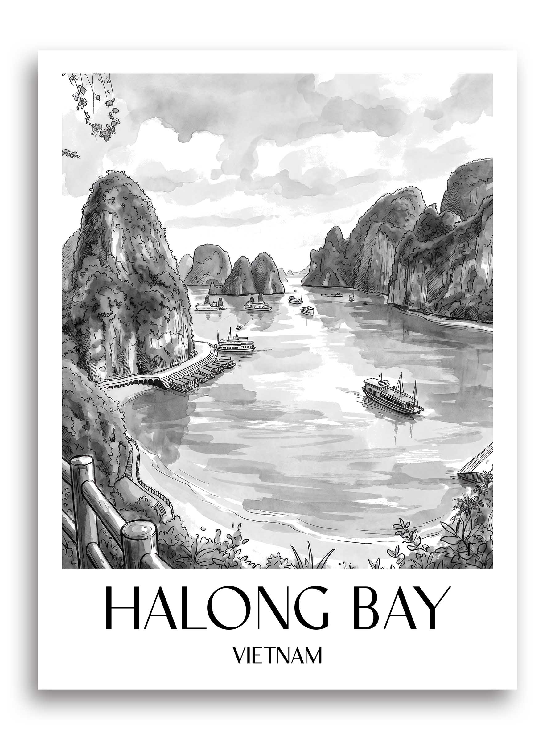 Halong Bay Poster - - Vietnam Kunstdruck - Aquarell Schwarz-Weiß von A4 bis A1 - favplace