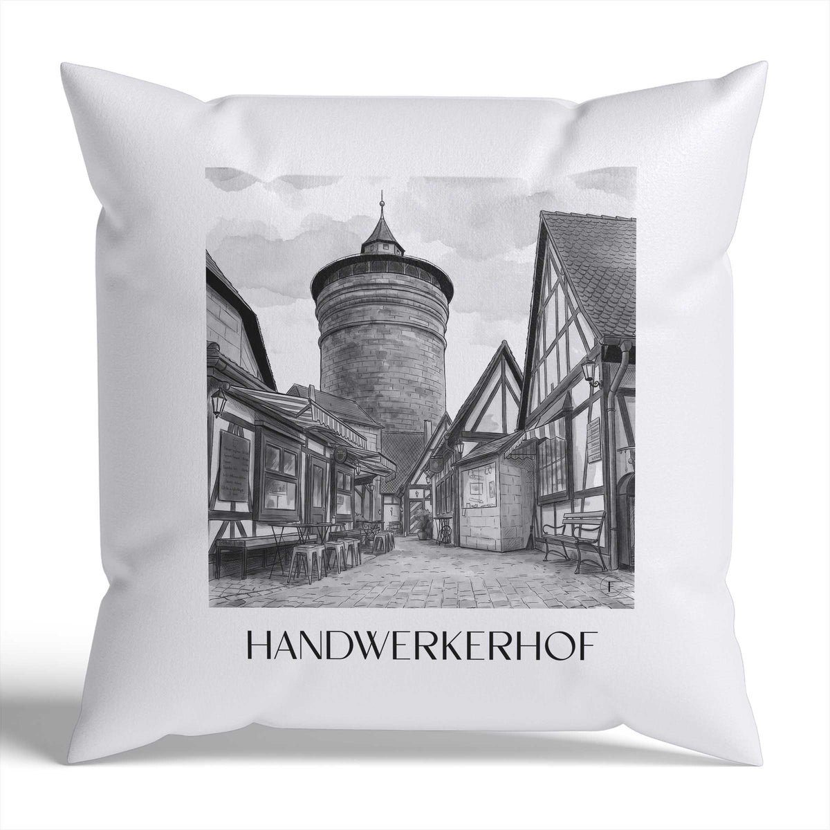 handwerkerhof-nürnberg-deutschland-kissenbezug-aquarell-schwarz-weiss