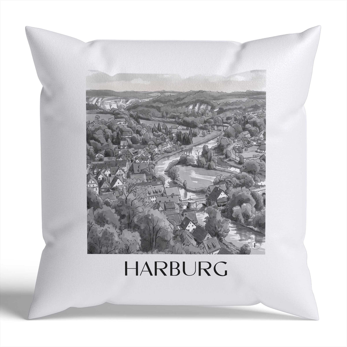 Harburg Kissenhülle - Zierkissen Bezug - Schwaben - Deutschland Kissen bzw. Kissenbezug im Aquarell Schwarz-Weiß Stil - favplace
