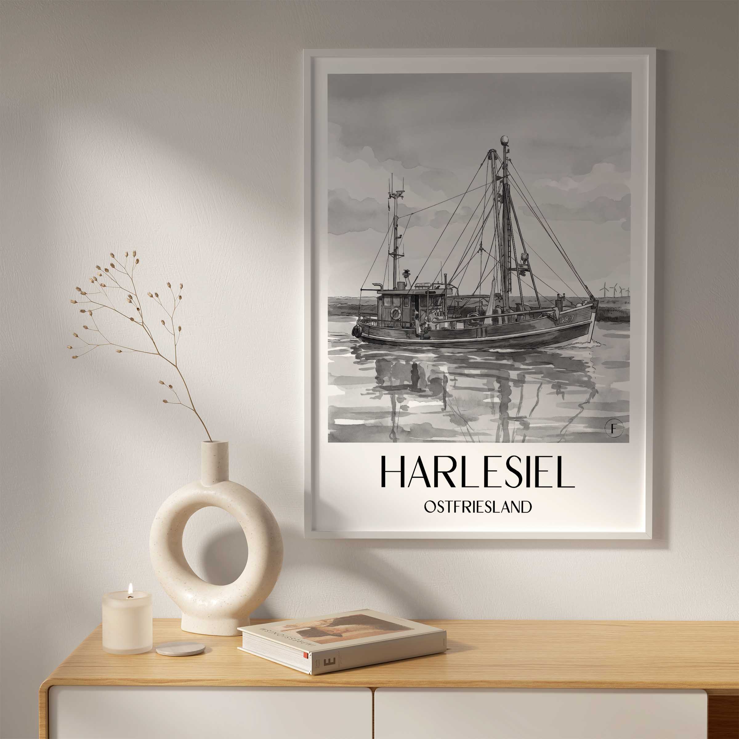 harlesiel-ostfriesland-deutschland-poster-aquarell-schwarz-weiss