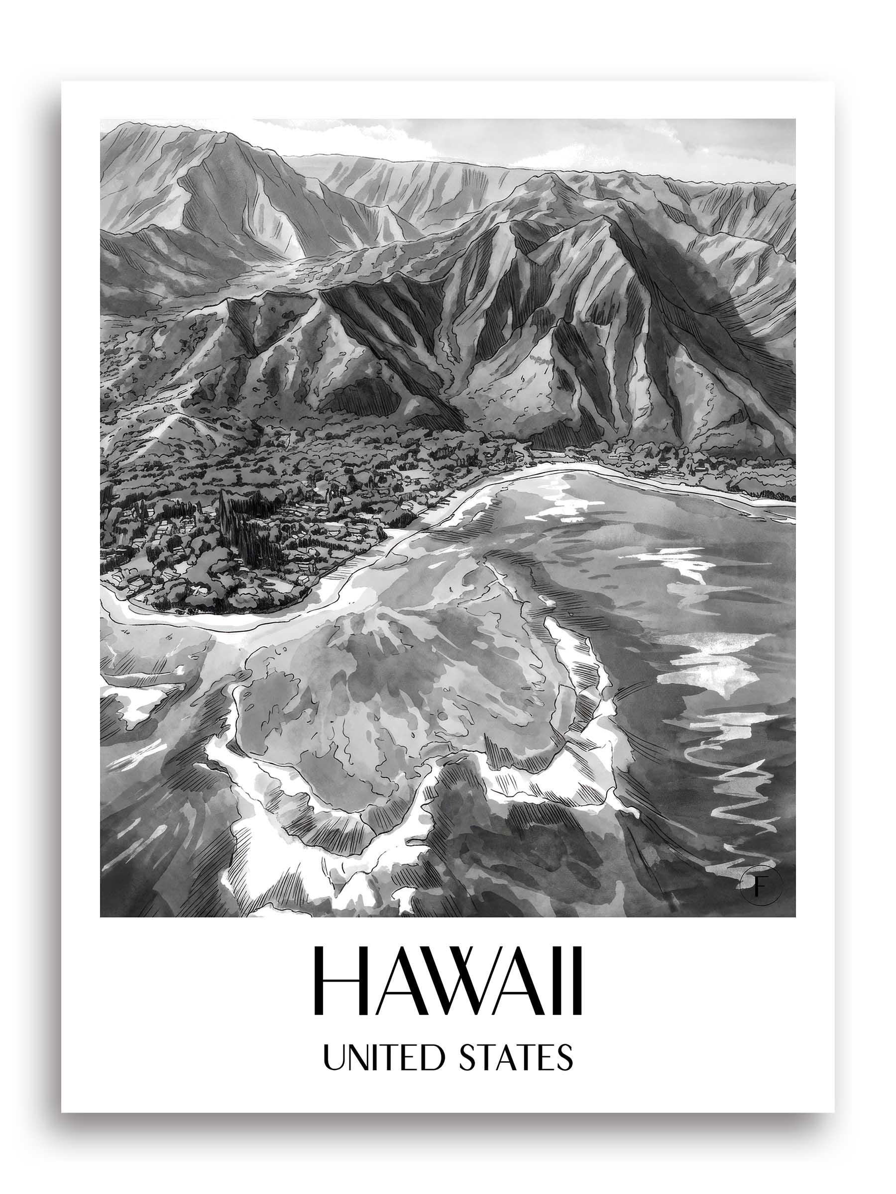 Hawaii Poster - - Vereinigte Staaten Kunstdruck - Aquarell Schwarz-Weiß von A4 bis A1 - favplace