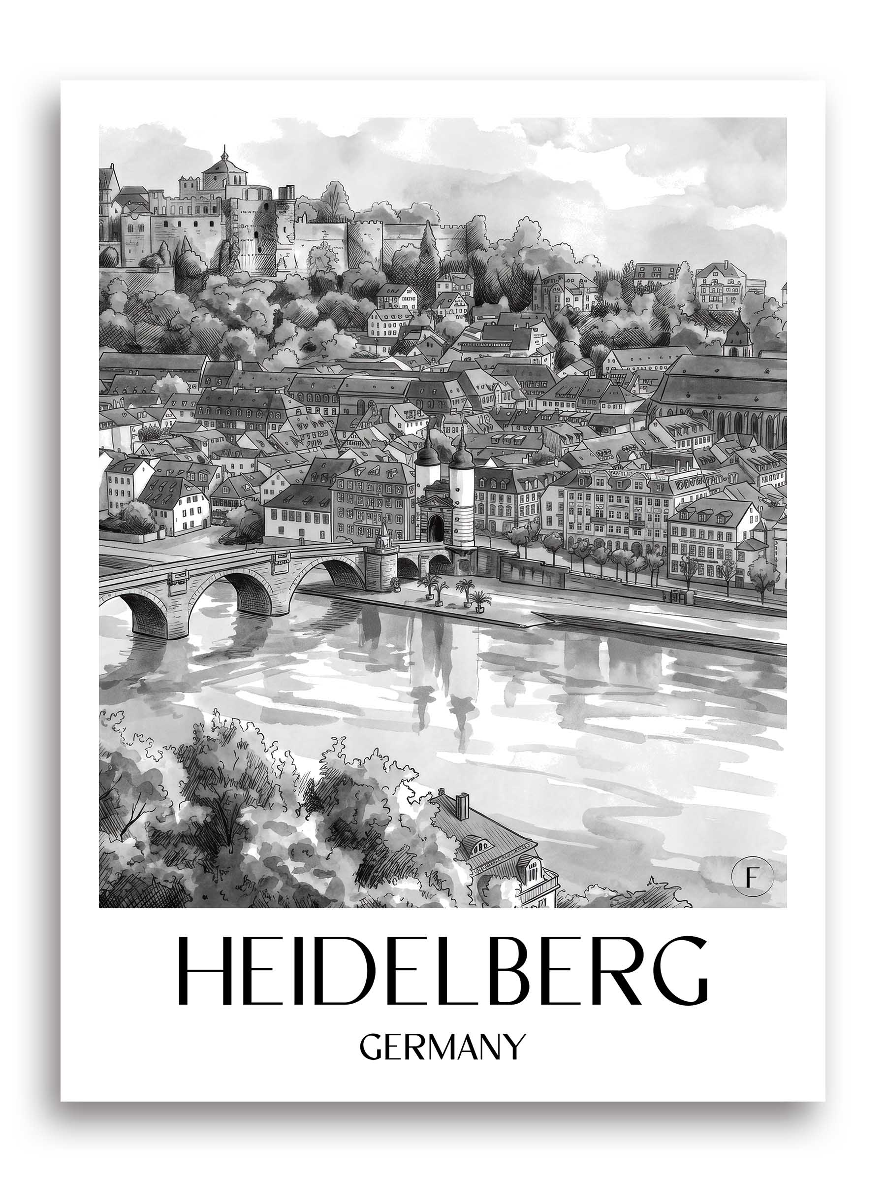 Heidelberg Poster - Baden-Württemberg - Deutschland Kunstdruck - Aquarell Schwarz-Weiß von A4 bis A1