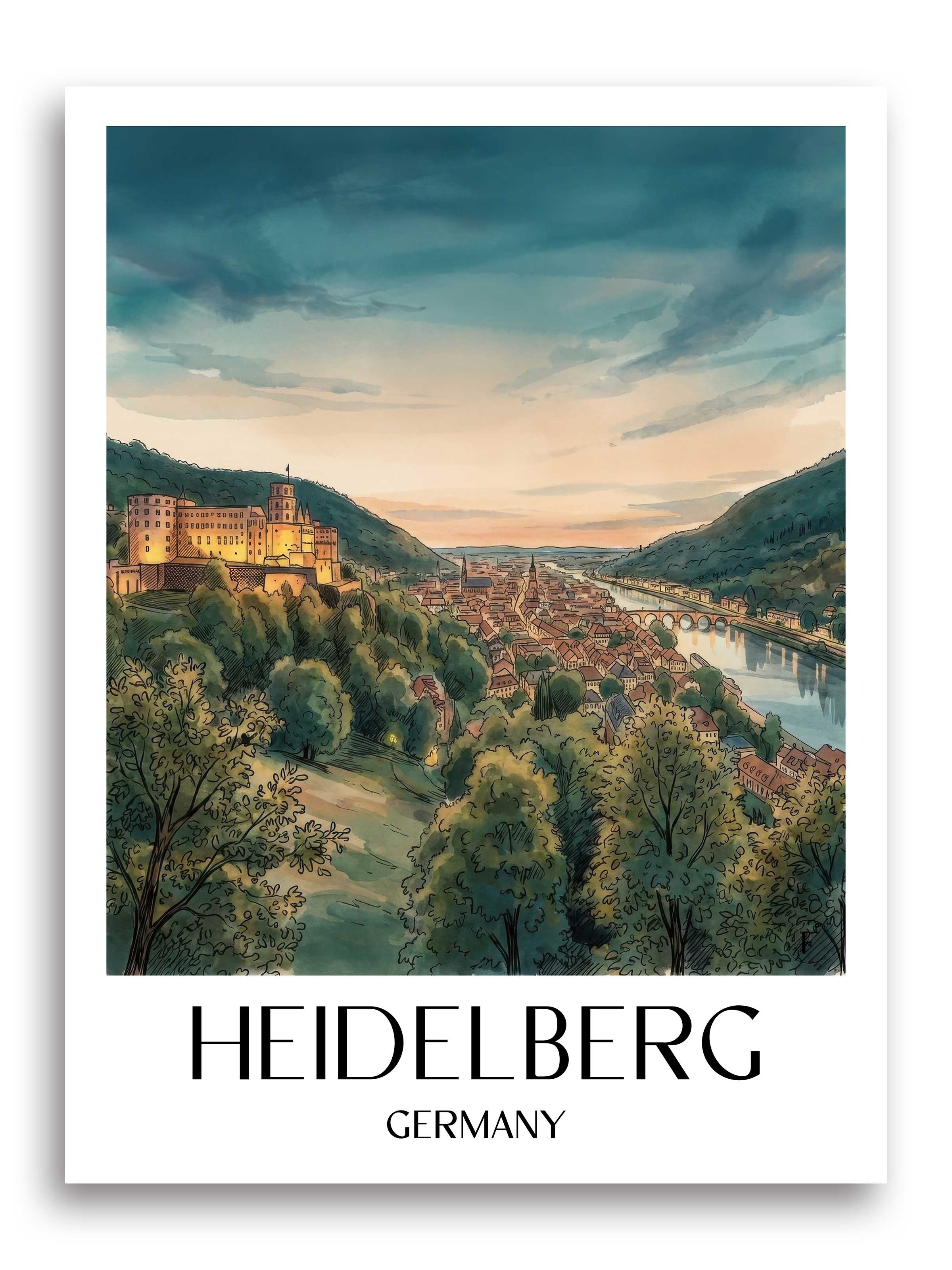 Heidelberg (bei Nacht) Poster - Baden-Württemberg - Deutschland Kunstdruck - Aquarell von A4 bis A1 - favplace