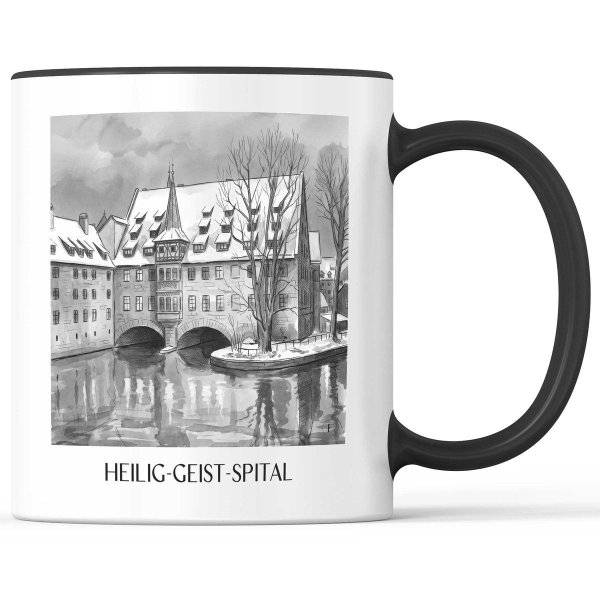 heilig-geist-spital-nürnberg-deutschland-kaffeebecher-aquarell-schwarz-weiss