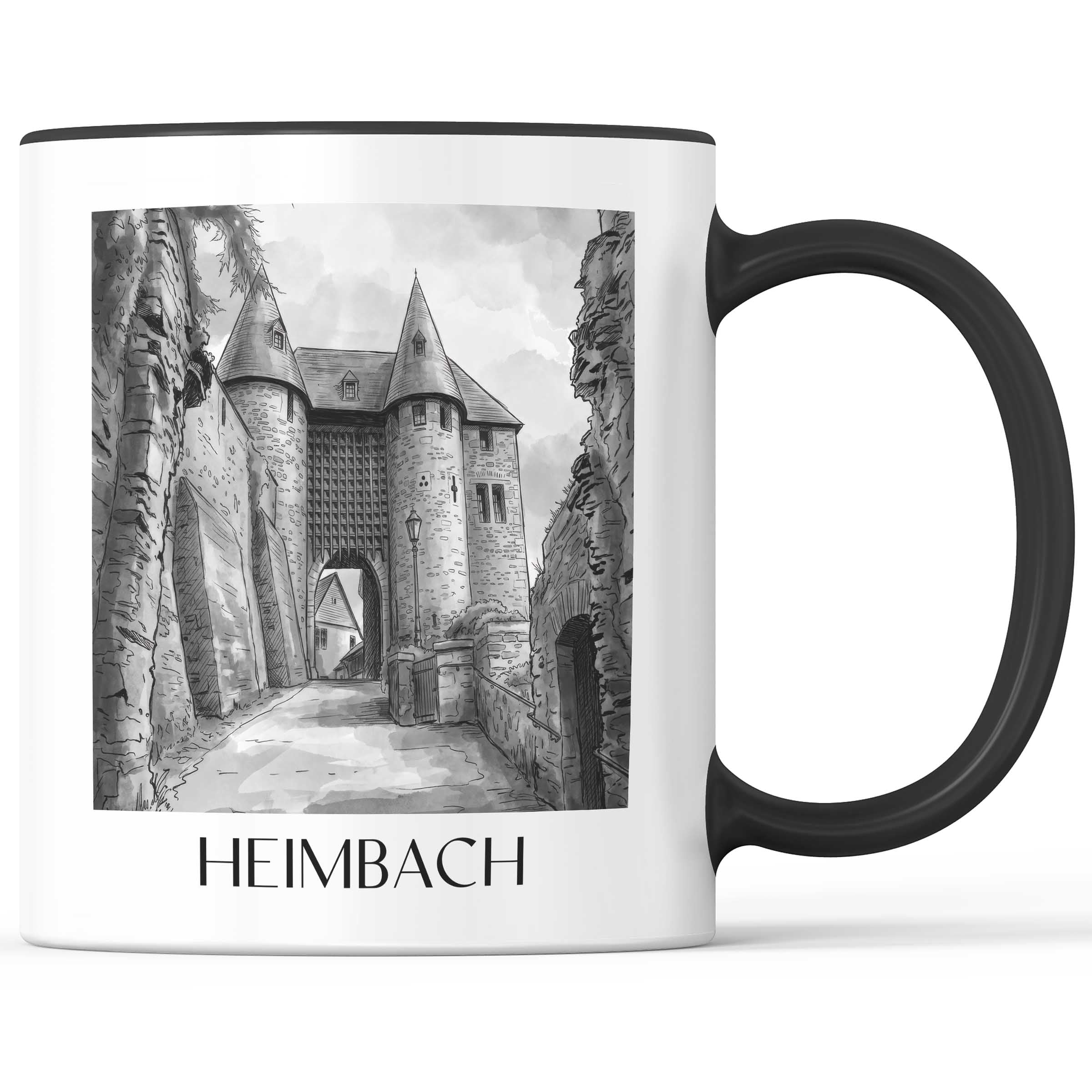 Heimbach Kaffeebecher - Eifel - Deutschland Becher - Kaffeetasse im Aquarell Schwarz-Weiß Stil - favplace