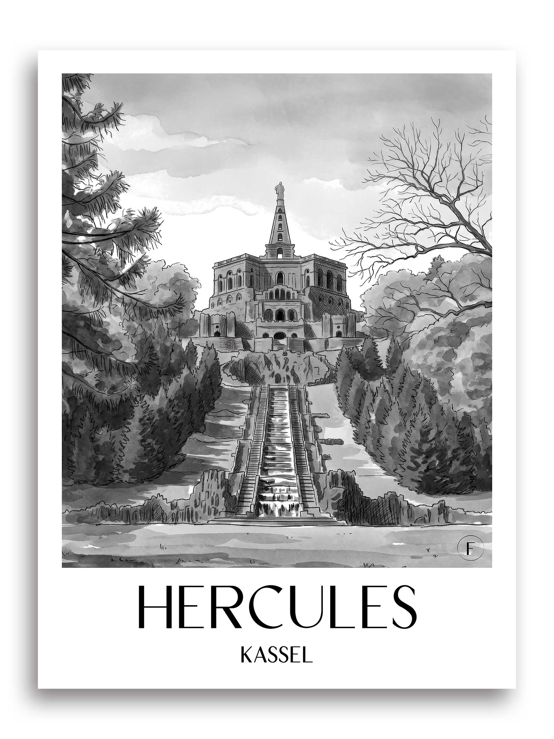 Herkules Poster - Kassel - Deutschland Kunstdruck - Aquarell Schwarz-Weiß von A4 bis A1 - favplace