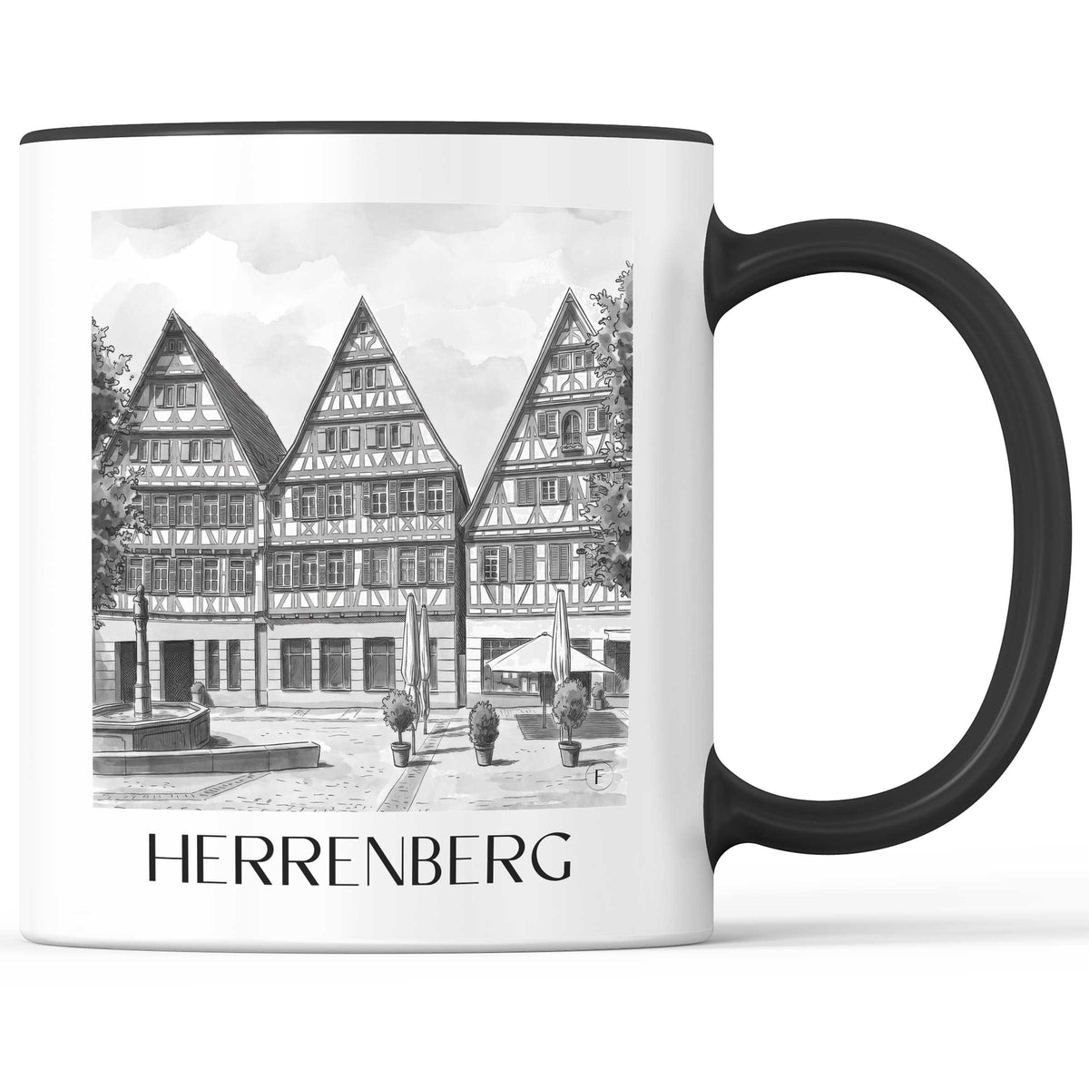 herrenberg-deutschland-kaffeebecher-aquarell-schwarz-weiss
