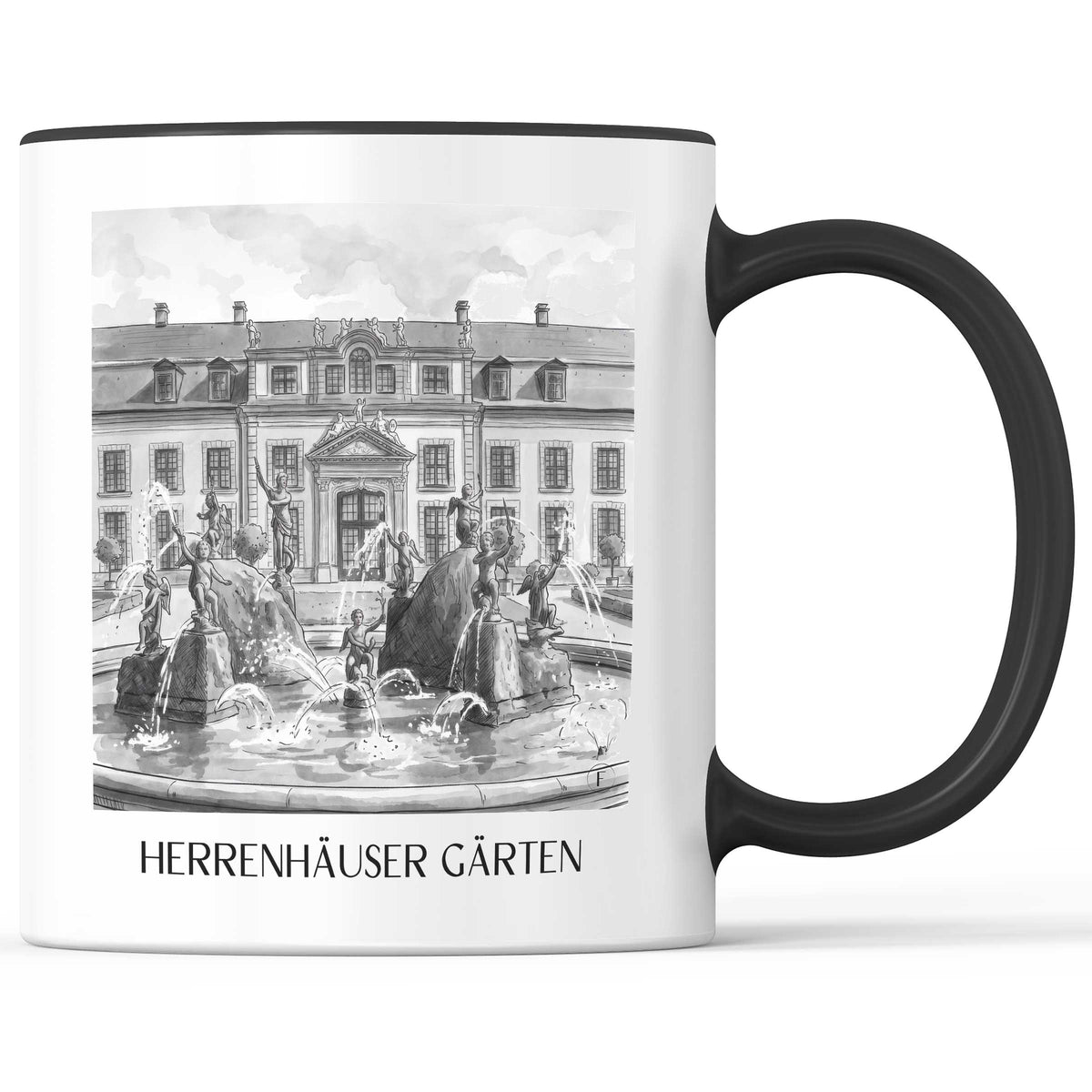 herrenhäuser-gärten-hannover-deutschland-kaffeebecher-aquarell-schwarz-weiss
