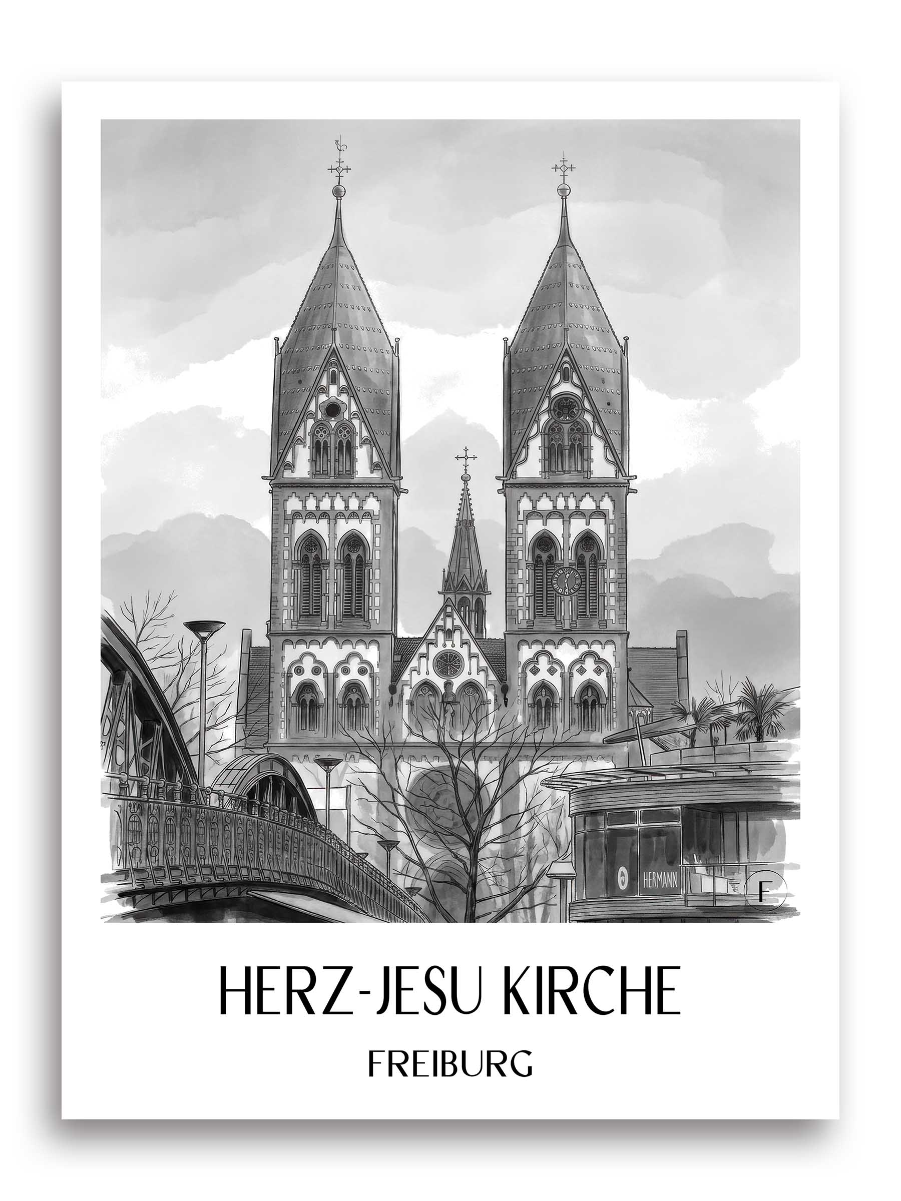 herz-jesu-kirche-freiburg-deutschland-poster-aquarell-schwarz-weiss