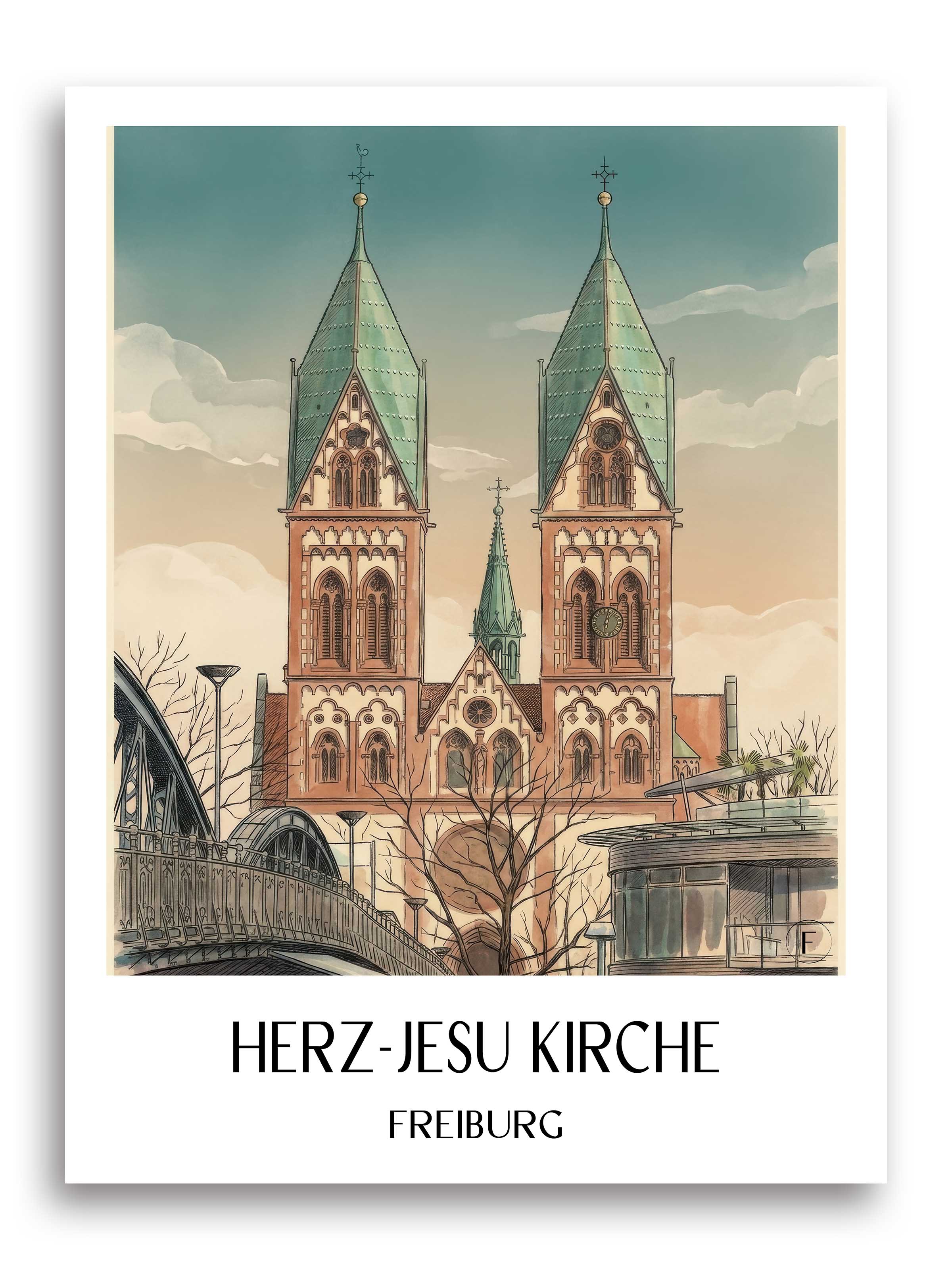 herz-jesu-kirche-freiburg-deutschland-poster-aquarell