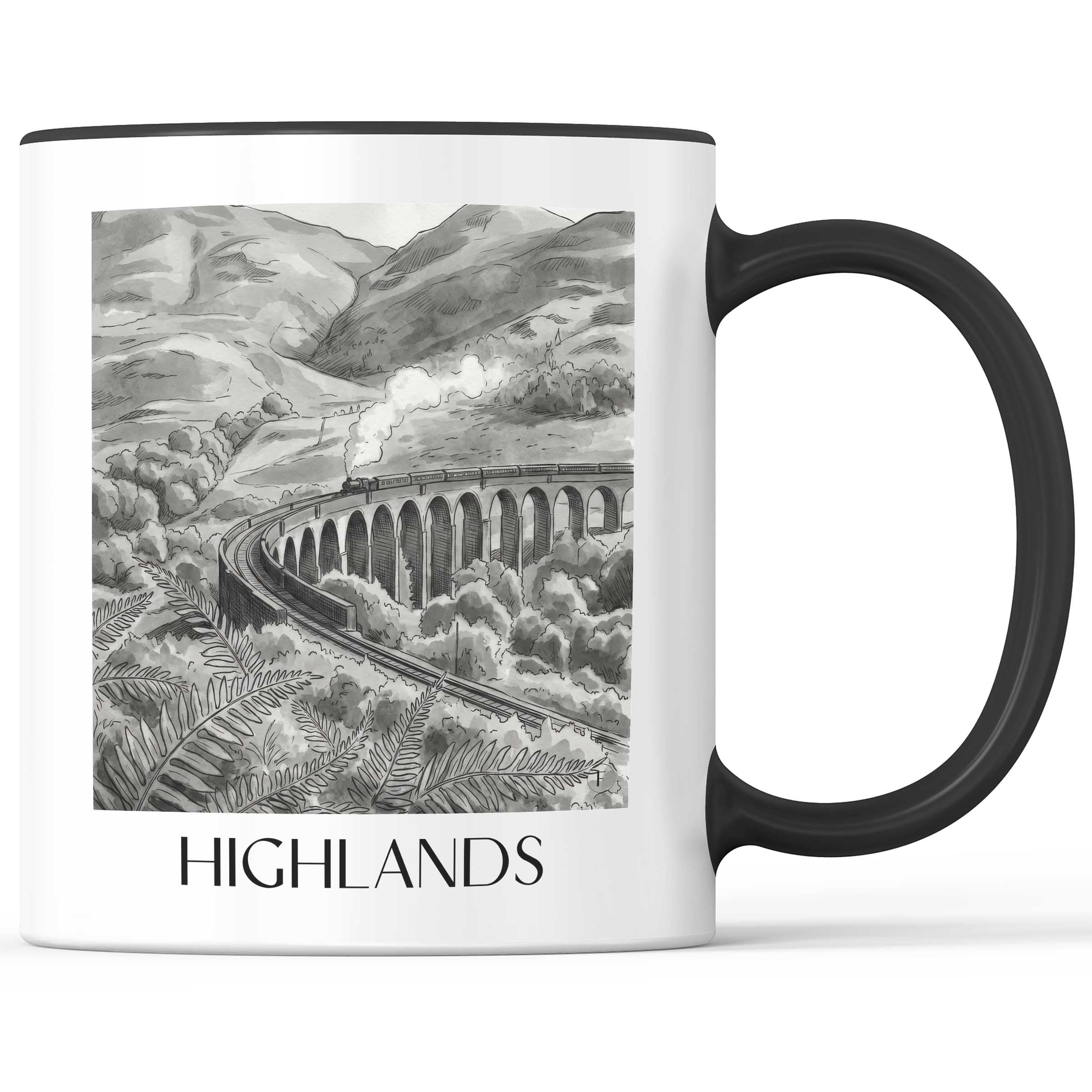 highlands-schottland-schottland-kaffeebecher-aquarell-schwarz-weiss