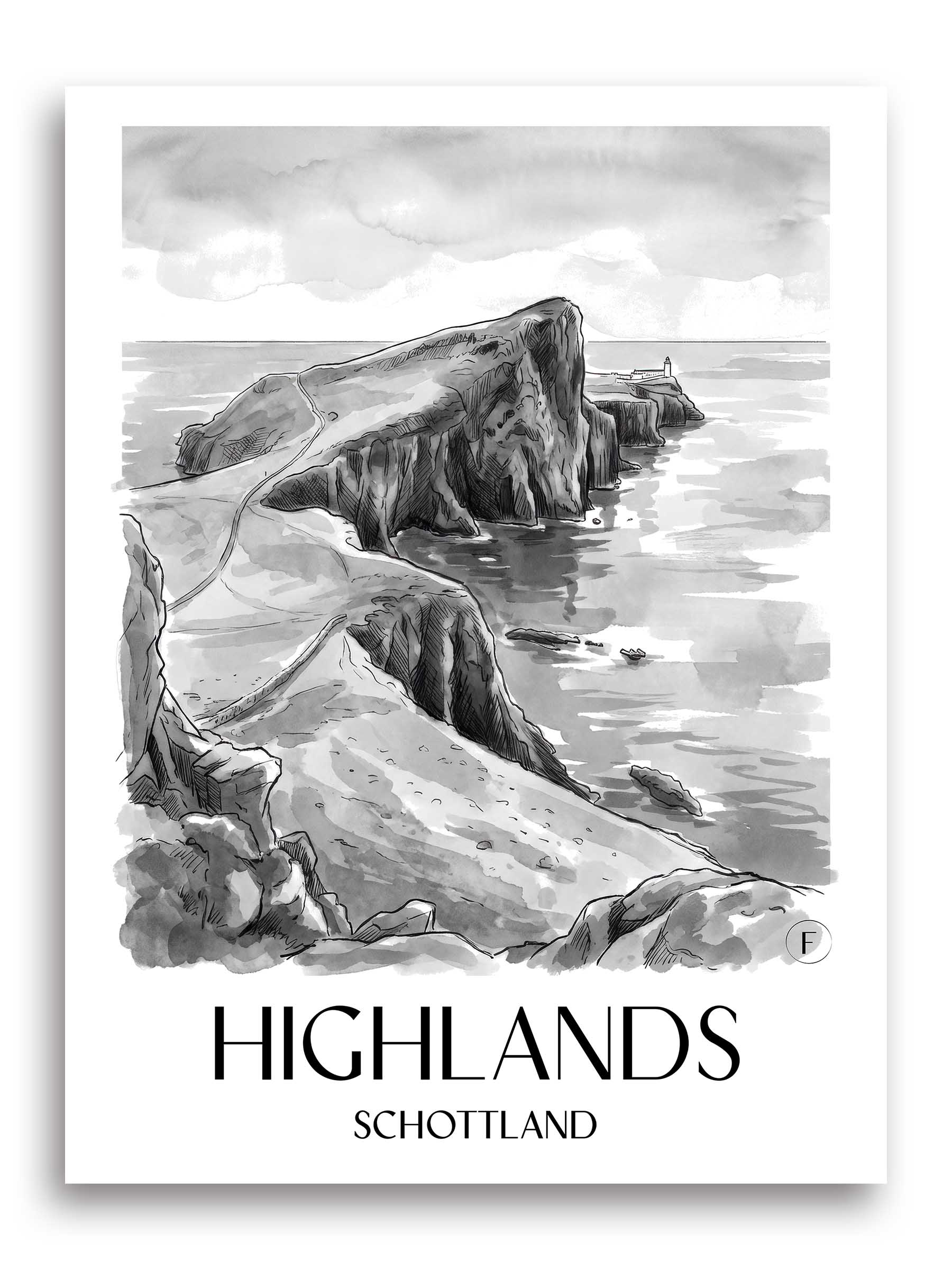 highlands-schottland-poster-aquarell-schwarz-weiss