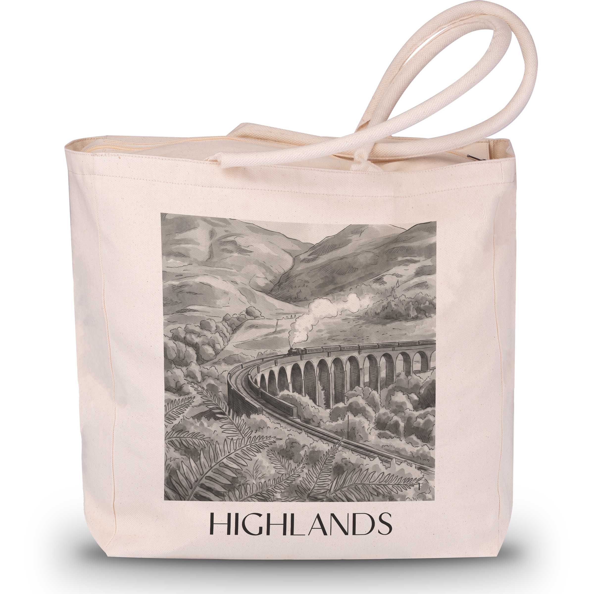 Highlands Shopping Tasche - Schottland - Schottland Tote Bag - Einkaufstasche im Aquarell Schwarz-Weiß Stil - favplace