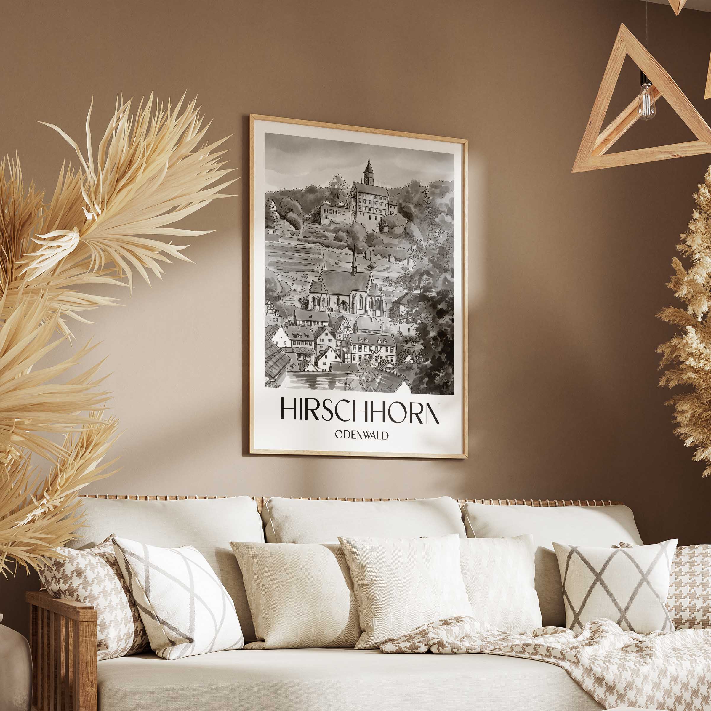 hirschhorn-odenwald-deutschland-poster-aquarell-schwarz-weiss