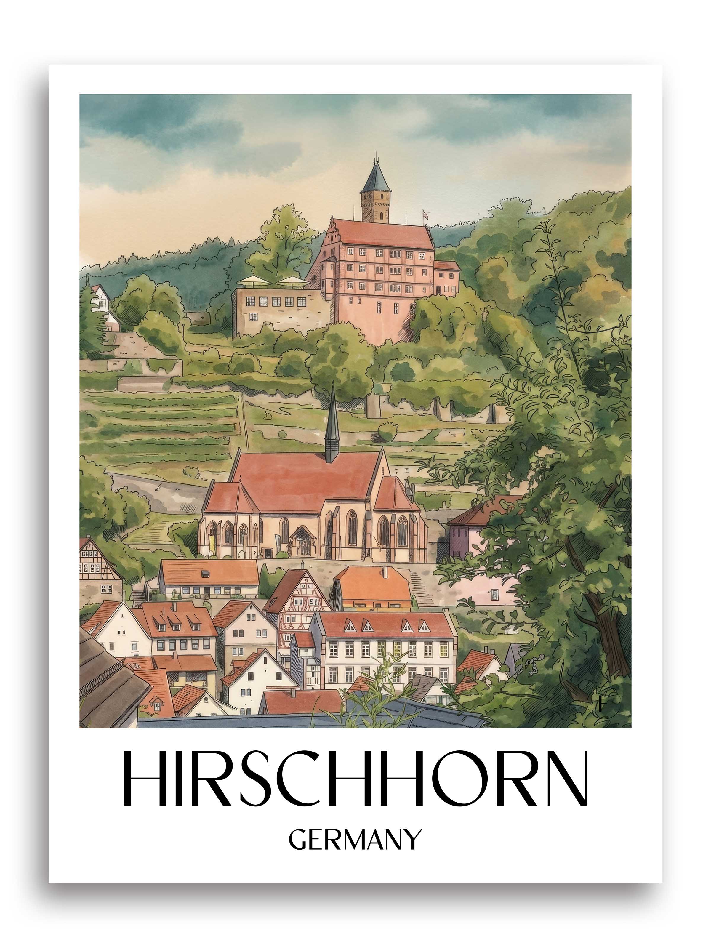 Hirschhorn Poster - Odenwald - Deutschland Kunstdruck - Aquarell von A4 bis A1 - favplace