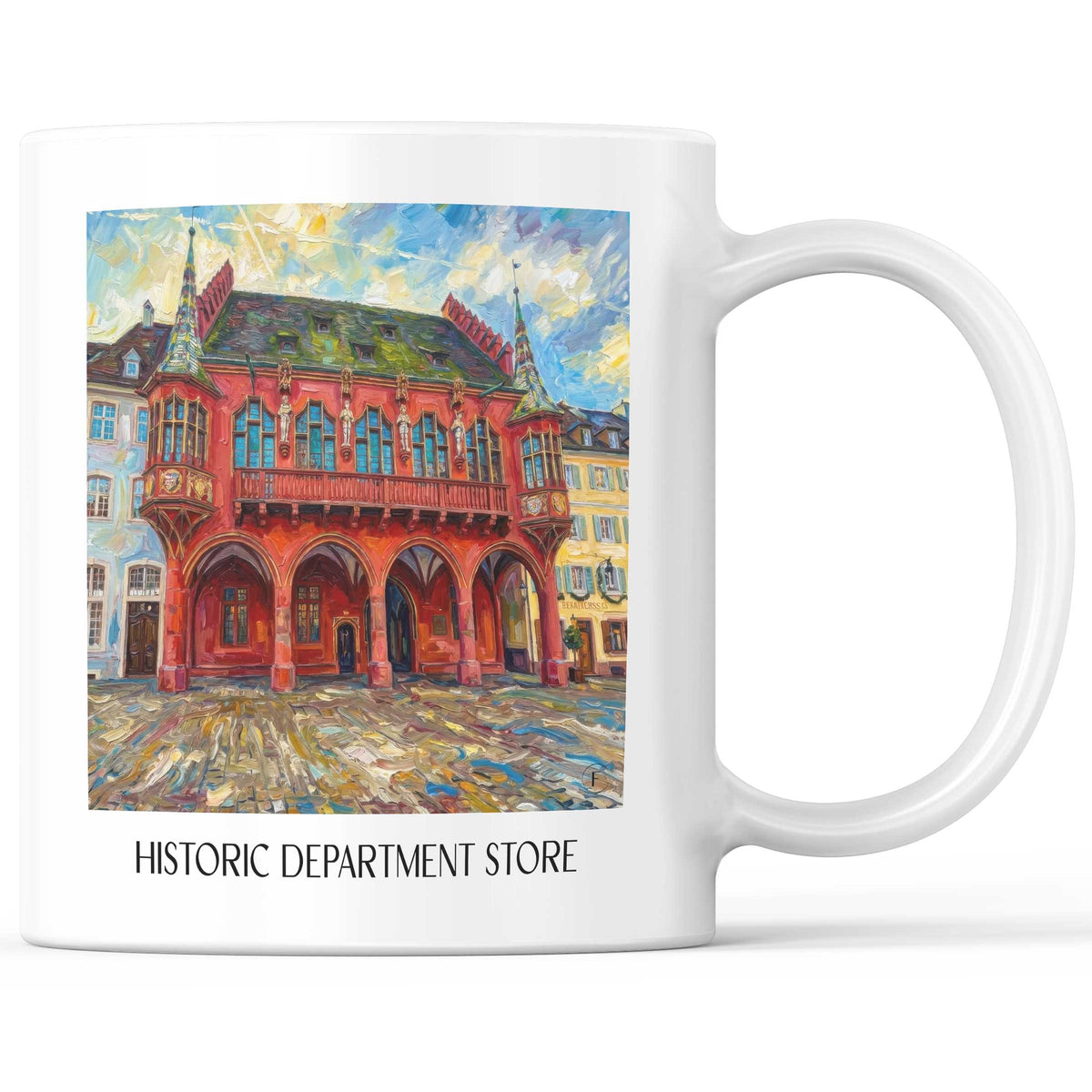 Historisches Kaufhaus Kaffeebecher - Freiburg - Deutschland Becher - Kaffeetasse im Ölgemälde Stil - favplace