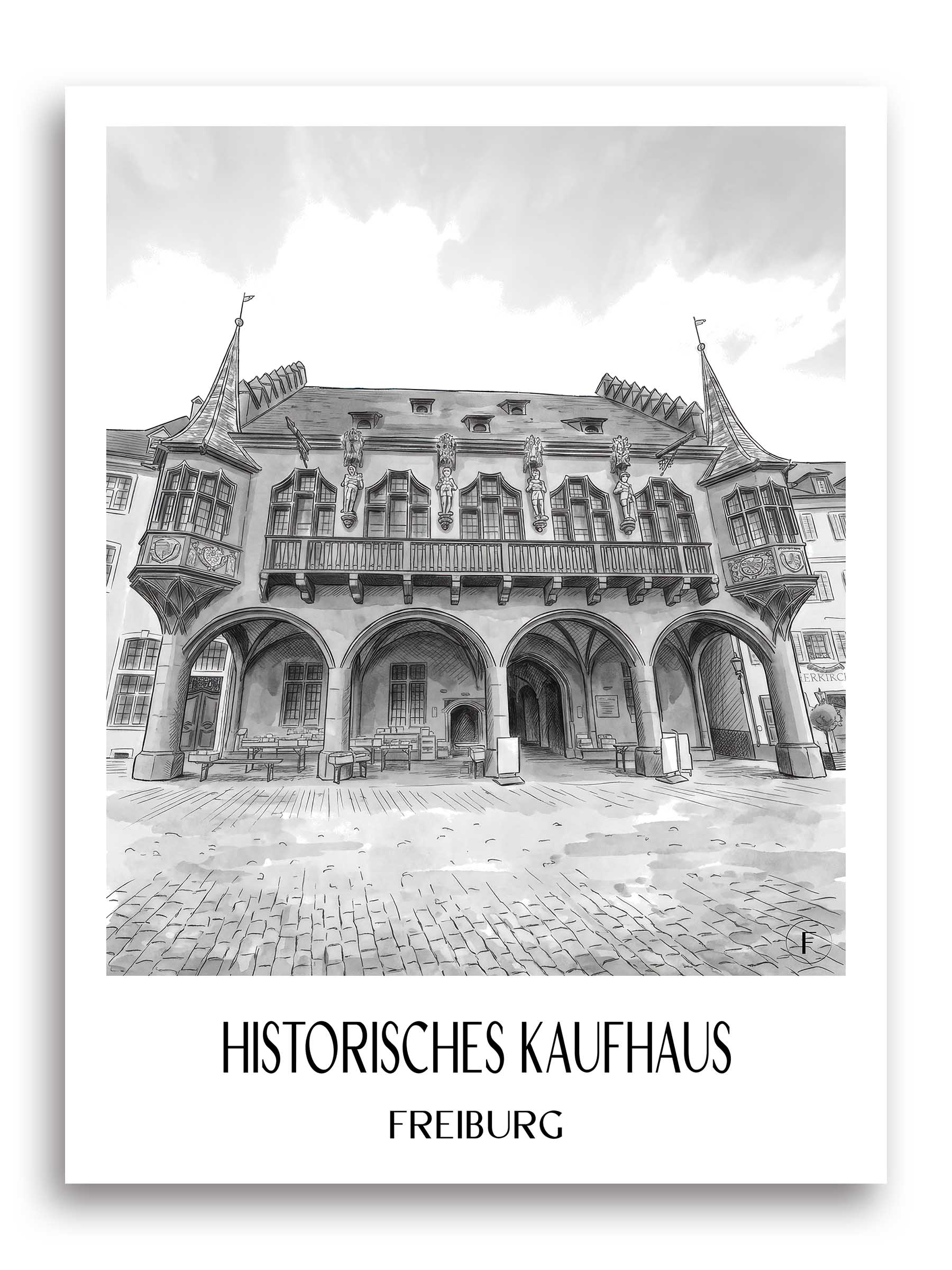 historisches-kaufhaus-freiburg-deutschland-poster-aquarell-schwarz-weiss