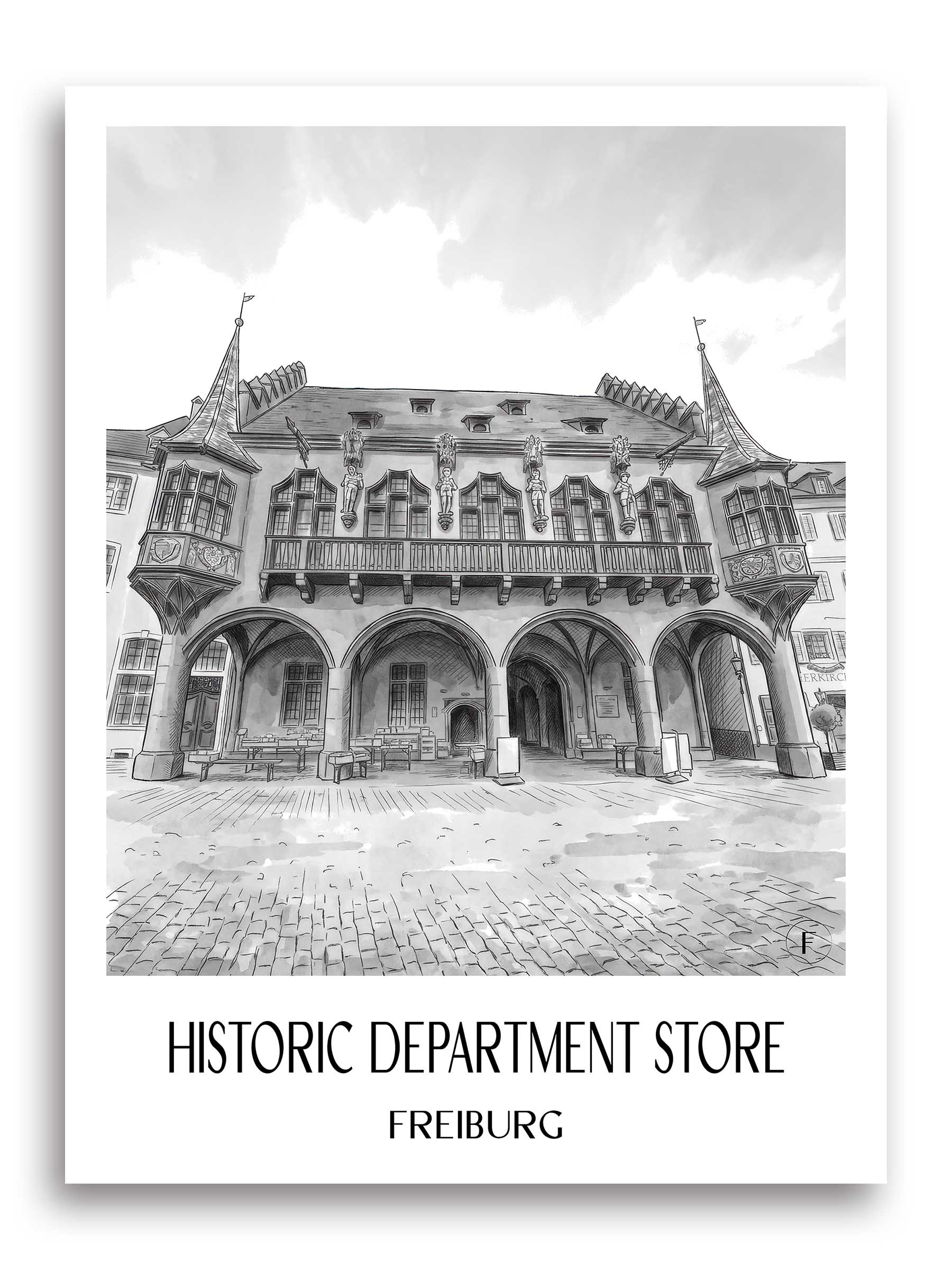 Historisches Kaufhaus Poster - Freiburg - Deutschland Kunstdruck - Aquarell Schwarz-Weiß von A4 bis A1 - favplace