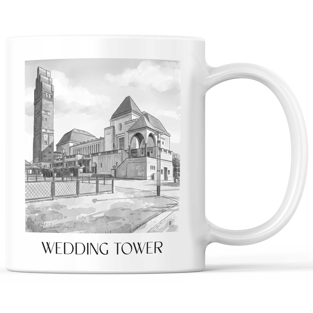 Hochzeitsturm Kaffeebecher - Darmstadt - Deutschland Becher - Kaffeetasse im Aquarell Schwarz-Weiß Stil - favplace