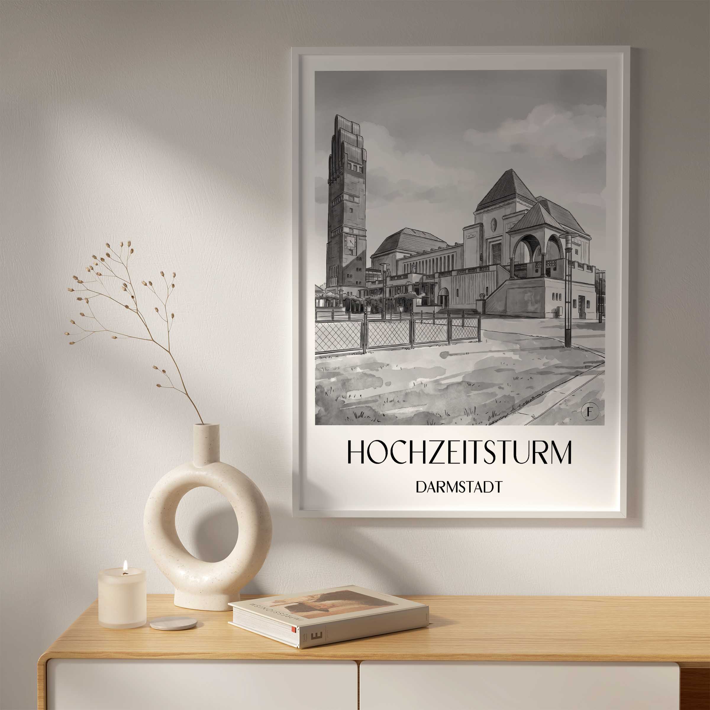 hochzeitsturm-darmstadt-deutschland-poster-aquarell-schwarz-weiss