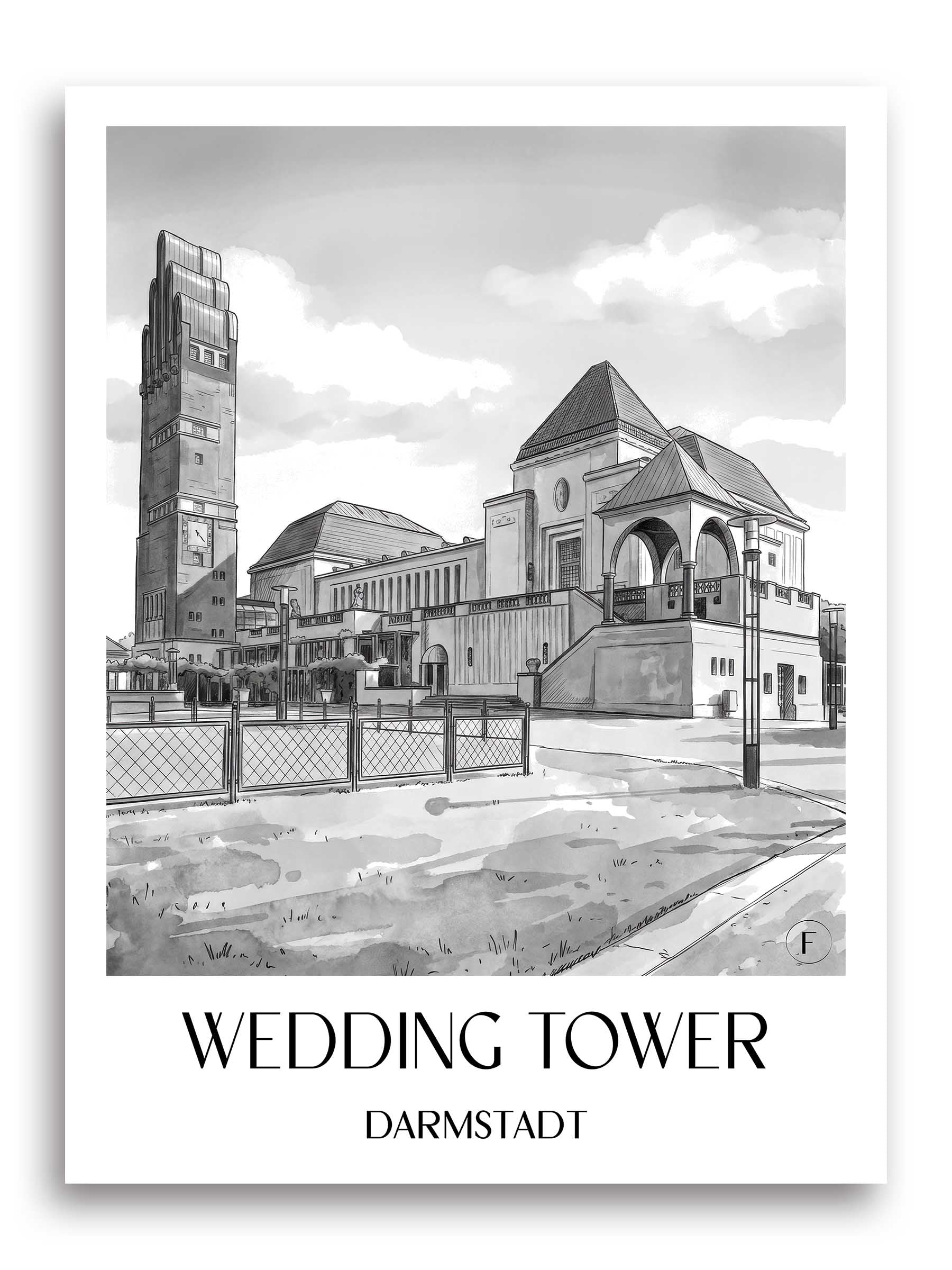 Hochzeitsturm Poster - Darmstadt - Deutschland Kunstdruck - Aquarell Schwarz-Weiß von A4 bis A1