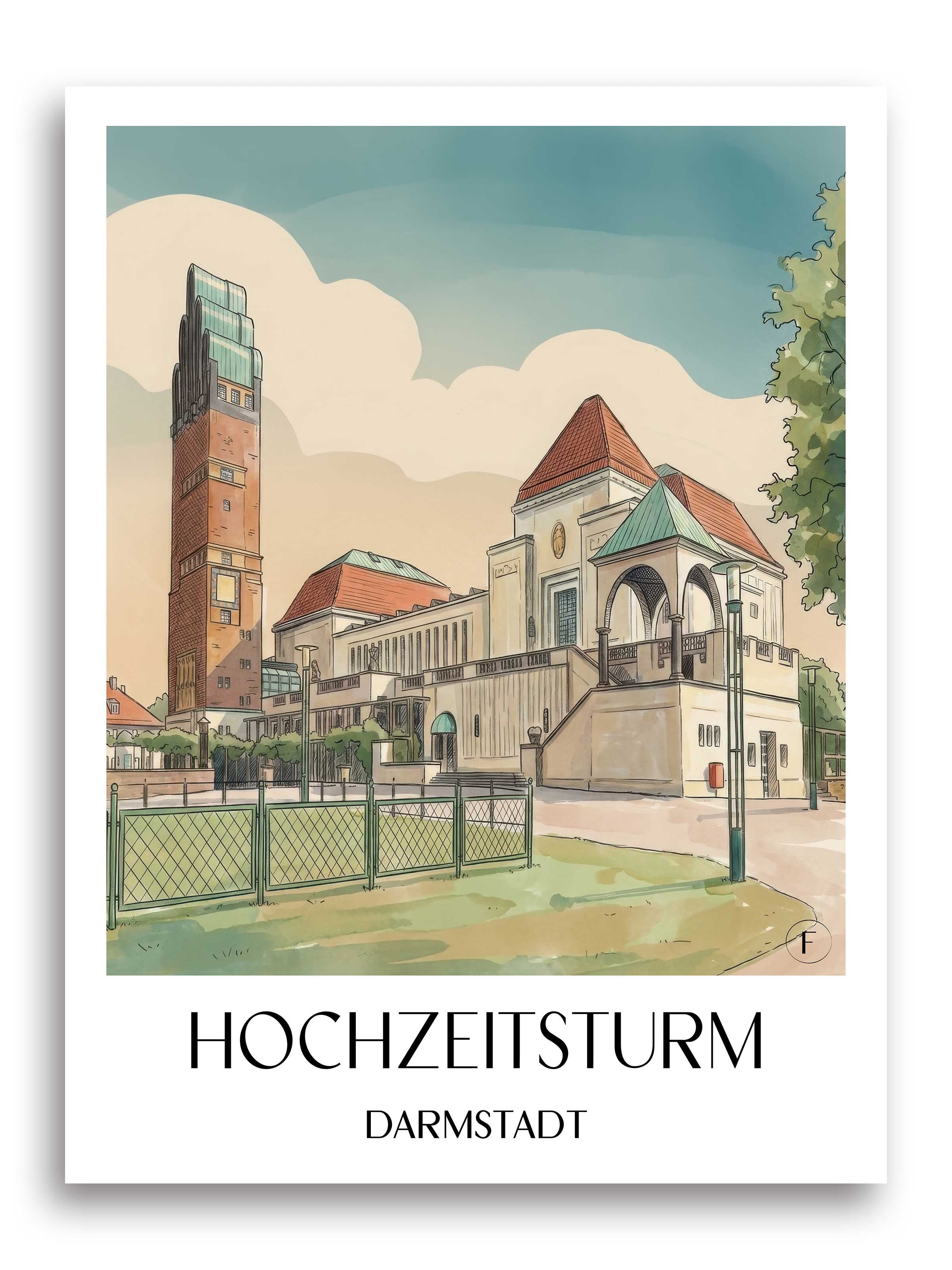 hochzeitsturm-darmstadt-deutschland-poster-aquarell