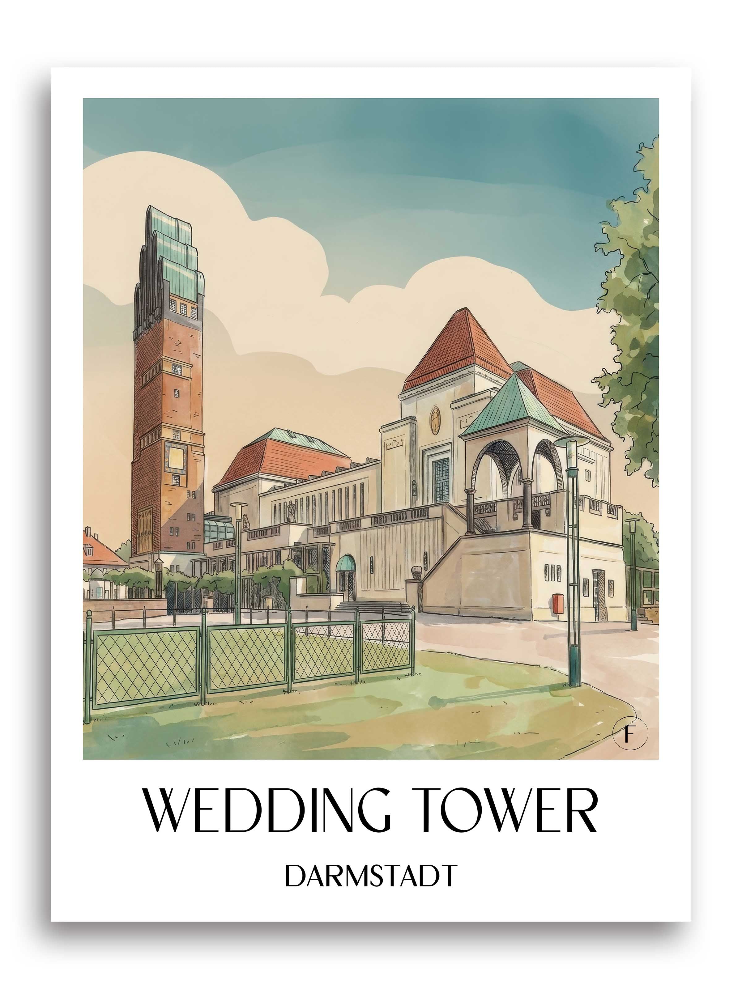 Hochzeitsturm Poster - Darmstadt - Deutschland Kunstdruck - Aquarell von A4 bis A1 - favplace