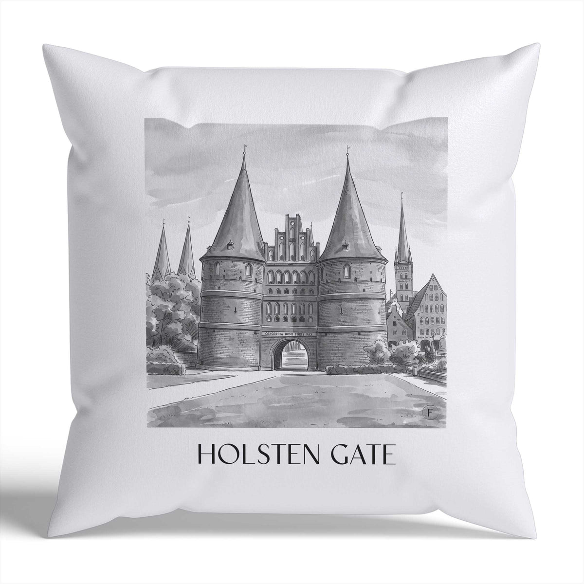 Holstentor Kissenhülle - Zierkissen Bezug - Lübeck - Deutschland Kissen bzw. Kissenbezug im Aquarell Schwarz-Weiß Stil - favplace