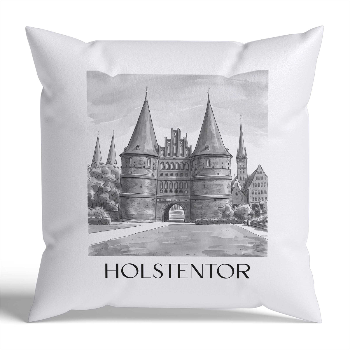 holstentor-lübeck-deutschland-kissenbezug-aquarell-schwarz-weiss