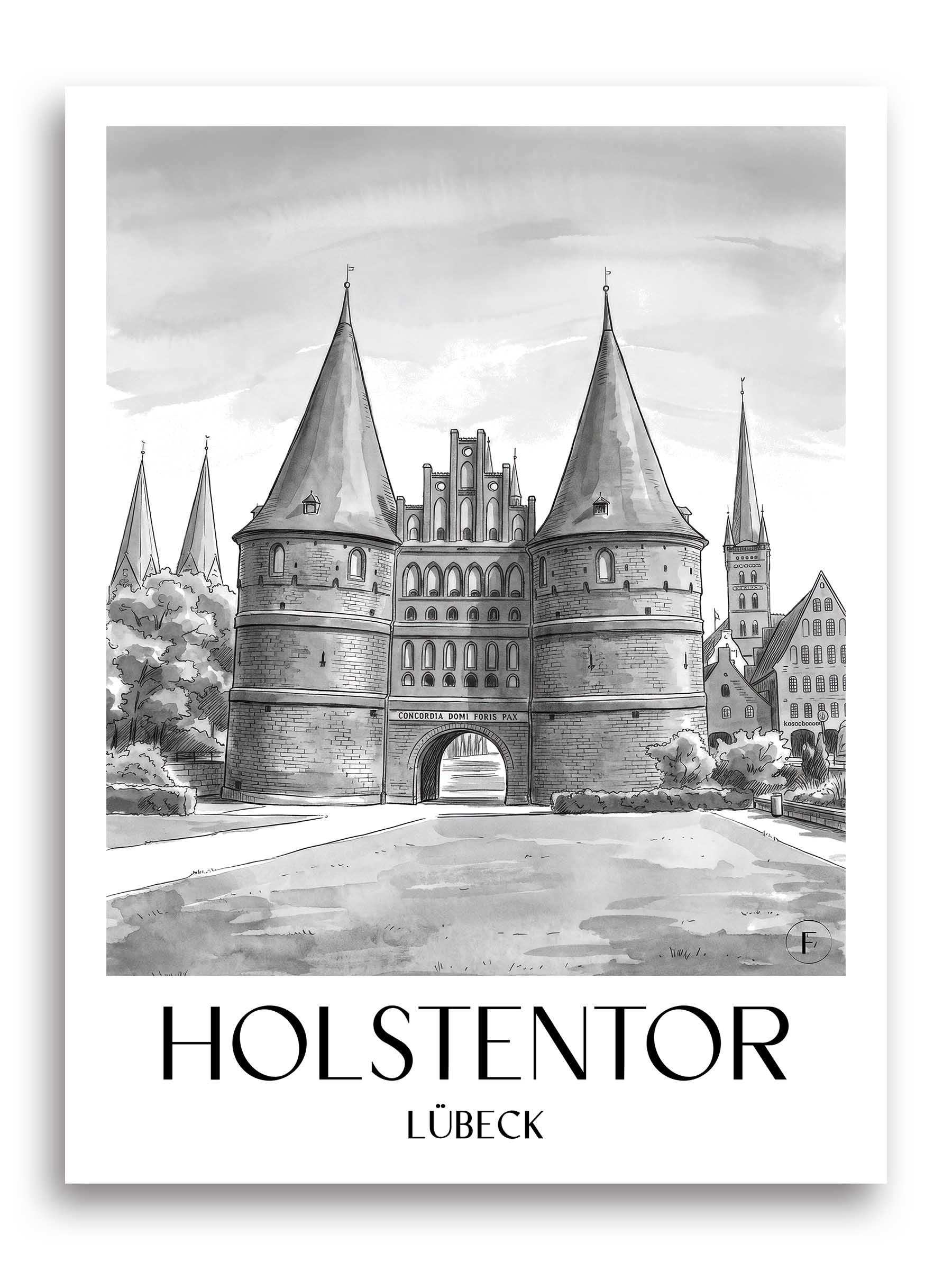 holstentor-lübeck-deutschland-poster-aquarell-schwarz-weiss