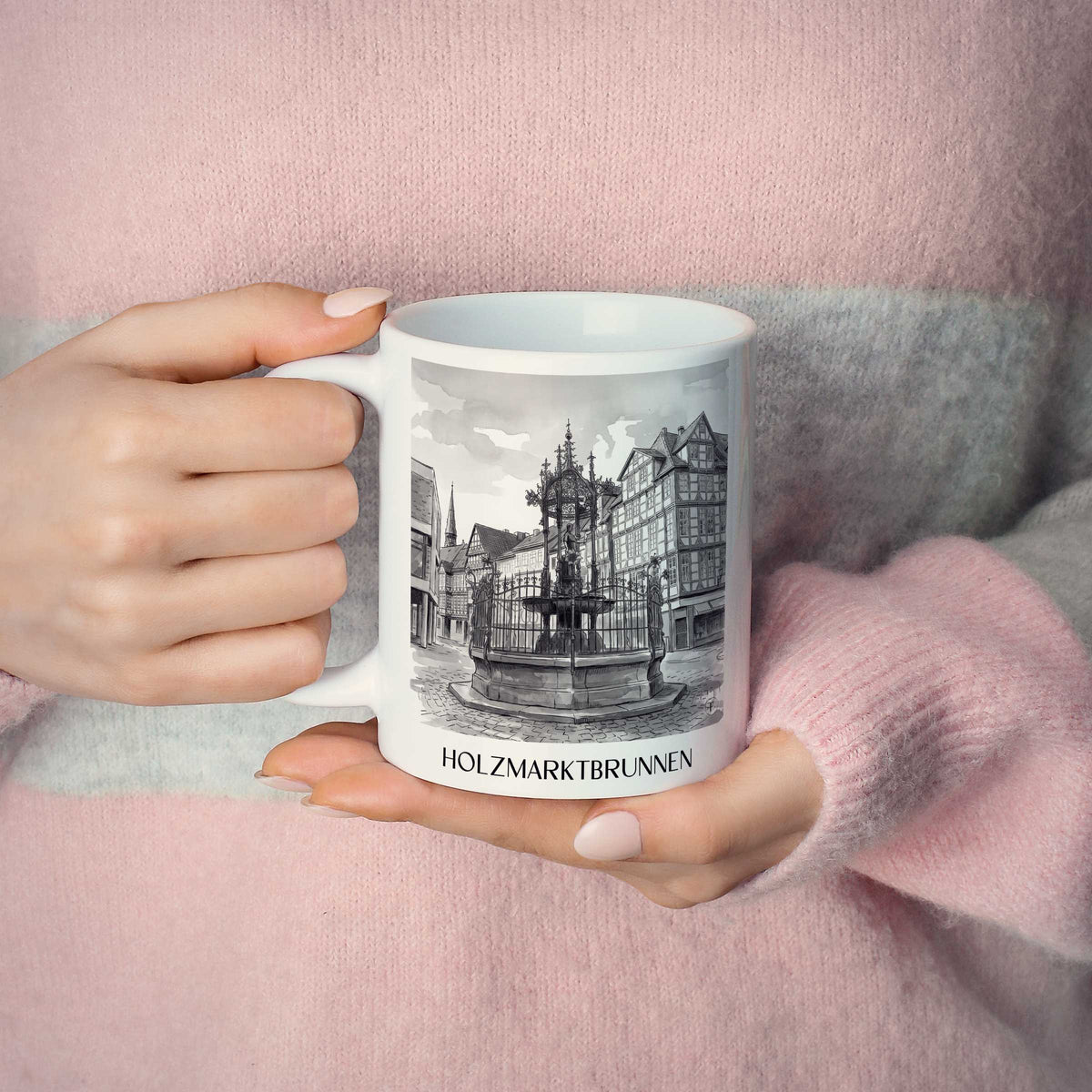 holzmarktbrunnen-hannover-deutschland-kaffeebecher-aquarell-schwarz-weiss