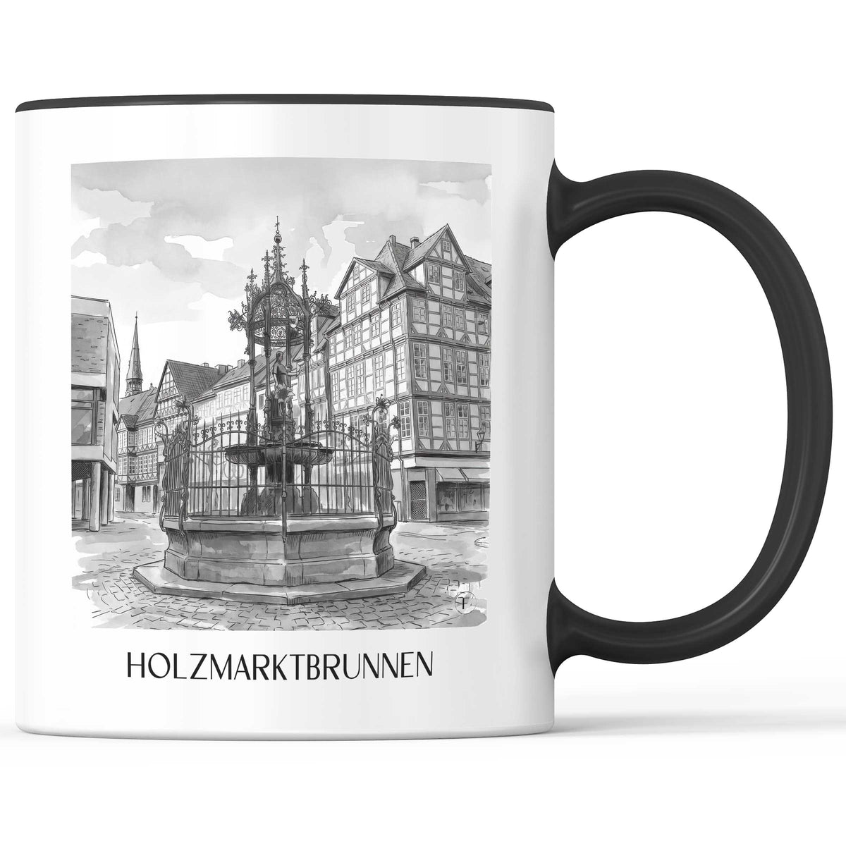 Holzmarktbrunnen Kaffeebecher - Hannover - Deutschland Becher - Kaffeetasse im Aquarell Schwarz-Weiß Stil - favplace