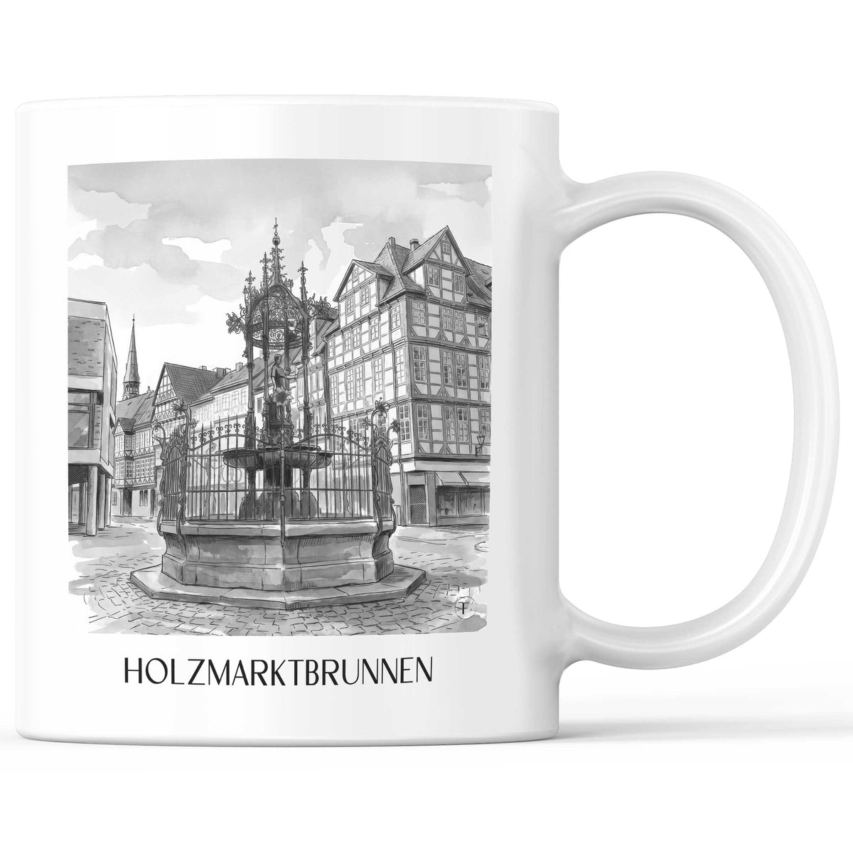Holzmarktbrunnen Kaffeebecher - Hannover - Deutschland Becher - Kaffeetasse im Aquarell Schwarz-Weiß Stil - favplace