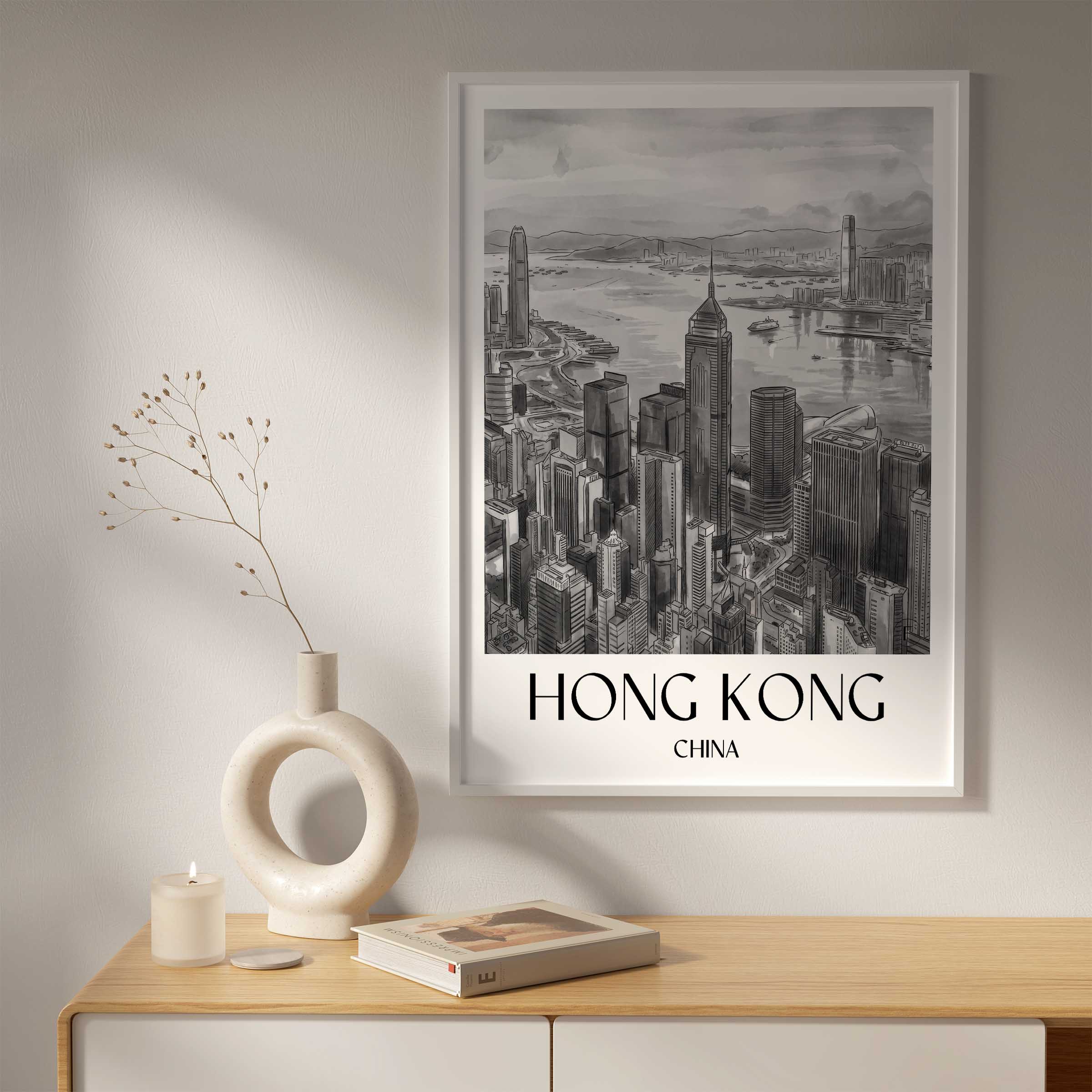 hong-kong-china-poster-aquarell-schwarz-weiss