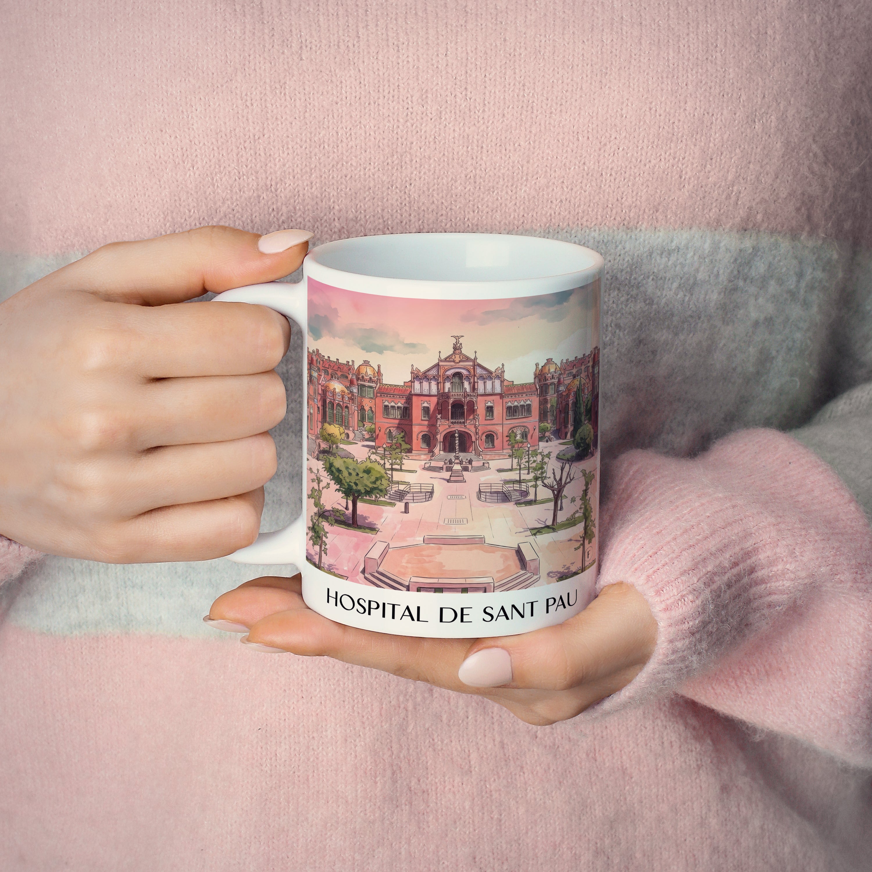 hospital-de-sant-pau-barcelona-spanien-kaffeebecher-aquarell-pink-rosa