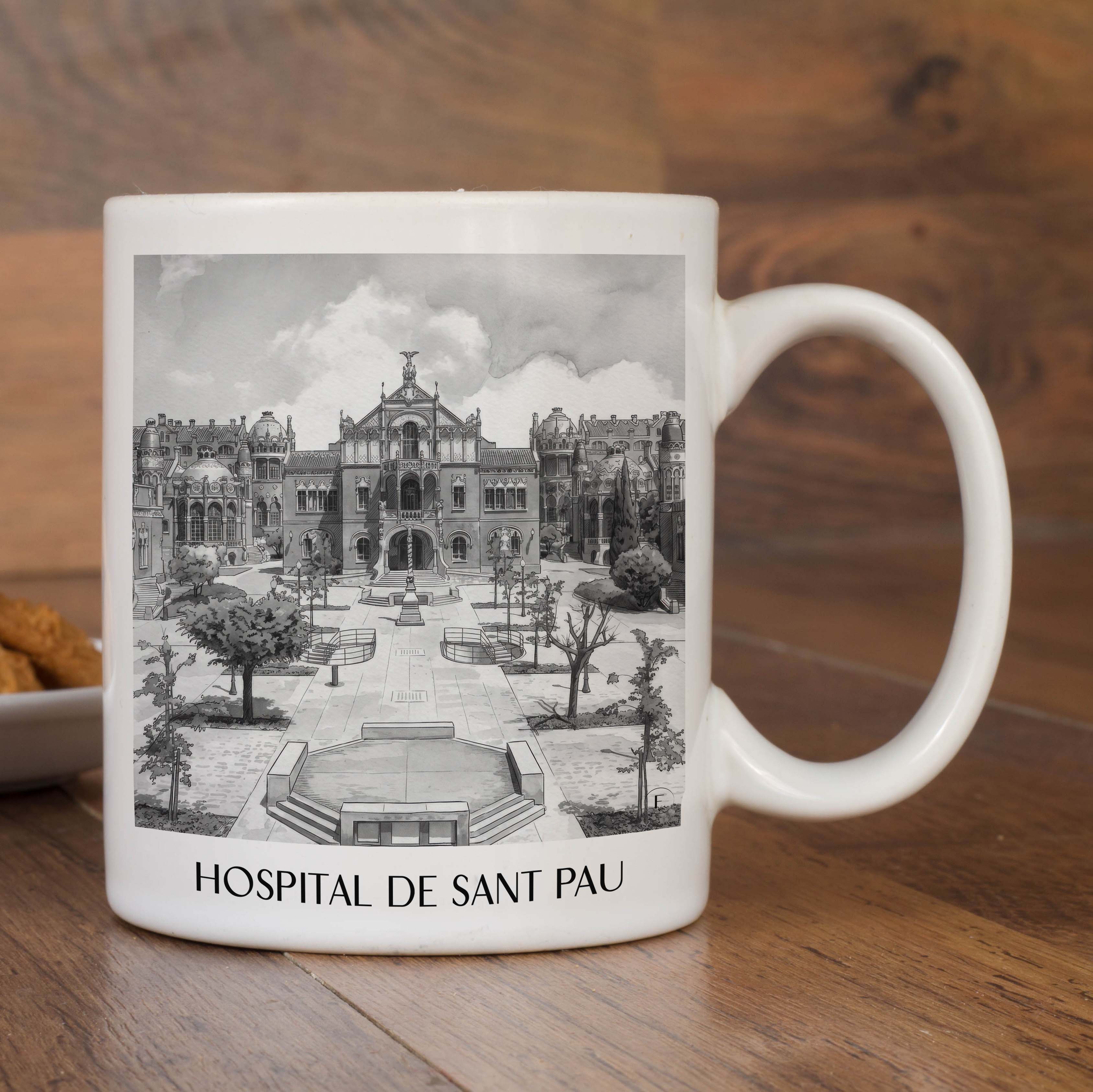 hospital-de-sant-pau-barcelona-spanien-kaffeebecher-aquarell-schwarz-weiss