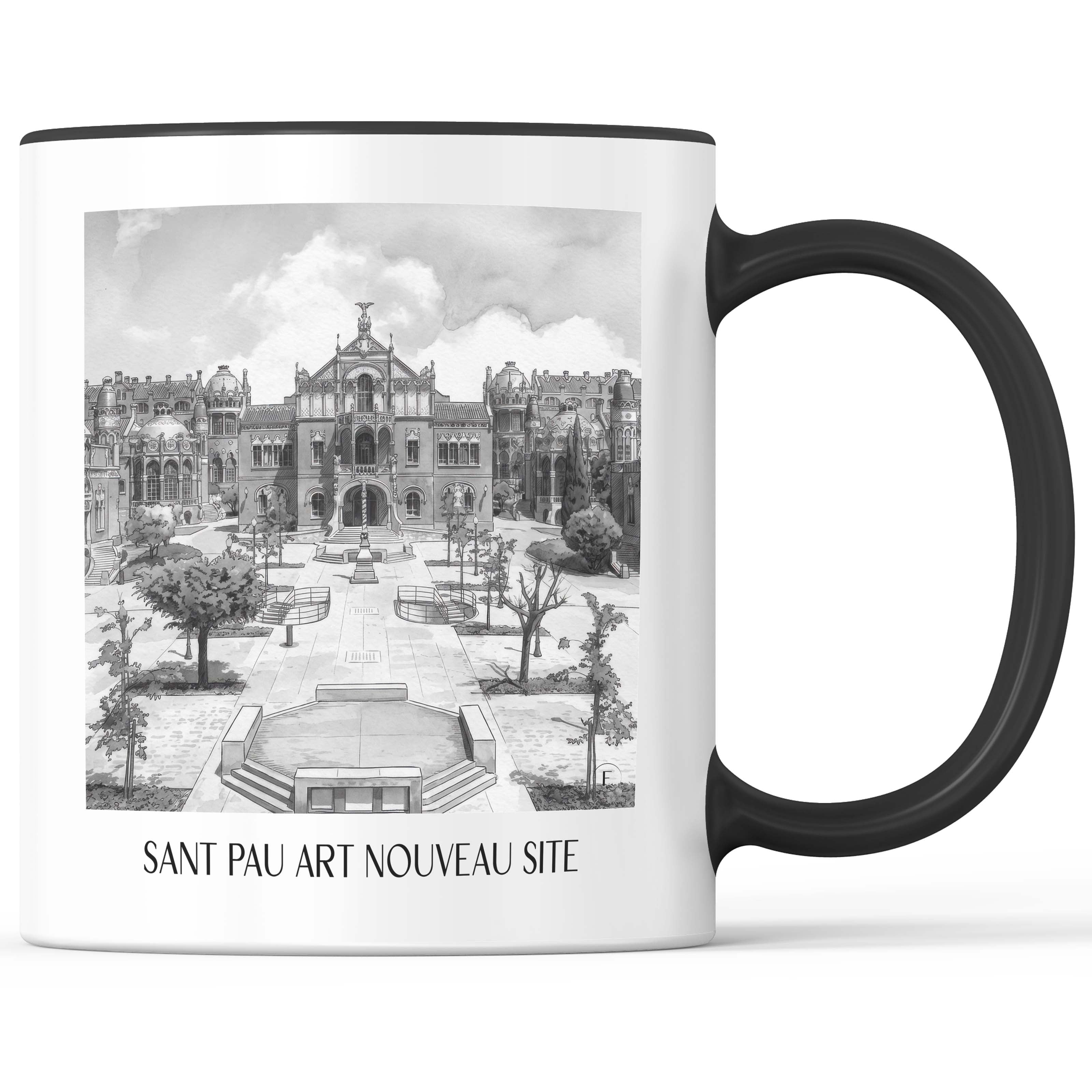 Hospital de Sant Pau Kaffeebecher - Barcelona - Spanien Becher - Kaffeetasse im Aquarell Schwarz-Weiß Stil - favplace
