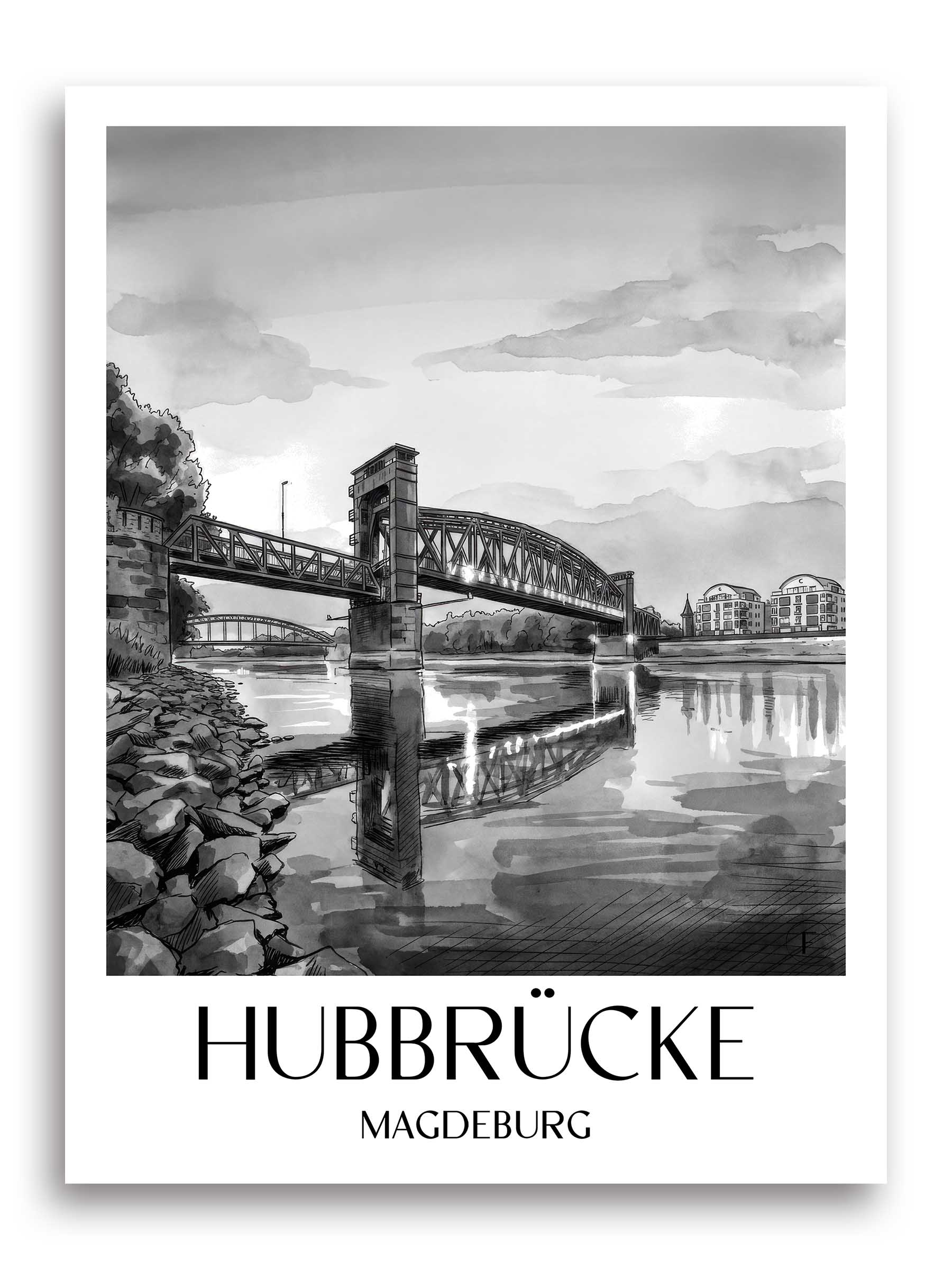 hubbrücke-magdeburg-deutschland-poster-aquarell-schwarz-weiss