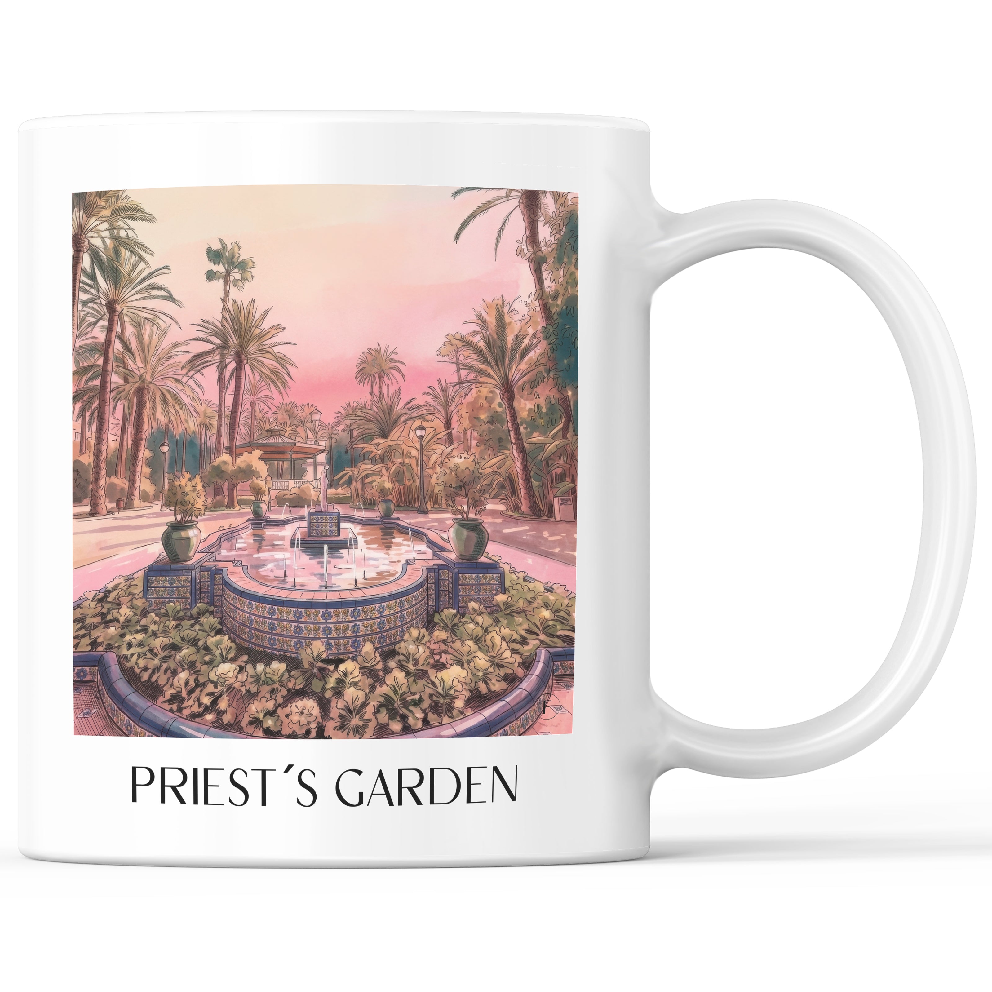Huerto del Cura Kaffeebecher - Elche - Spanien Becher - Kaffeetasse im Aquarell Pink Stil - favplace