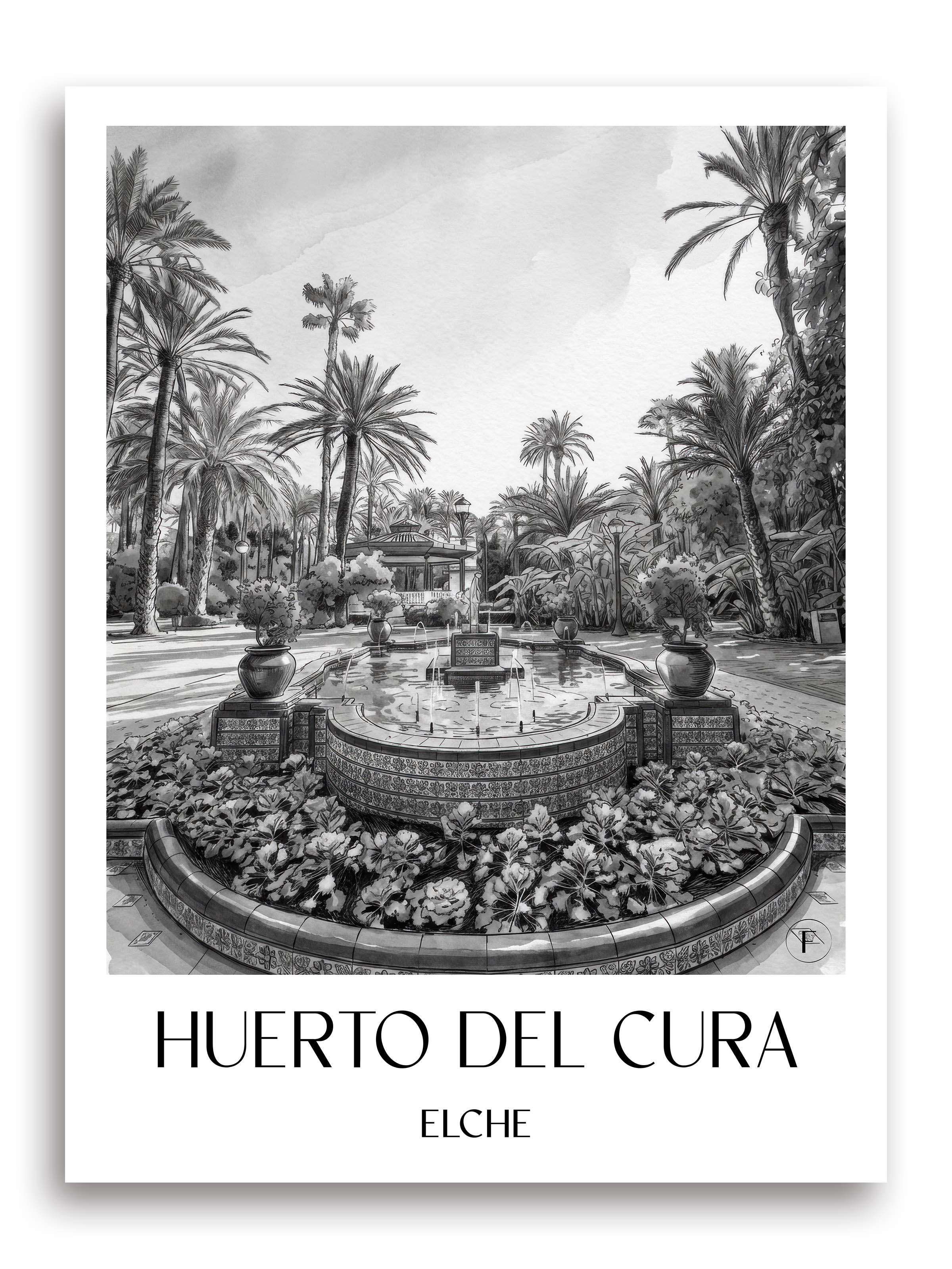 huerto-del-cura-elche-spanien-poster-aquarell-schwarz-weiss