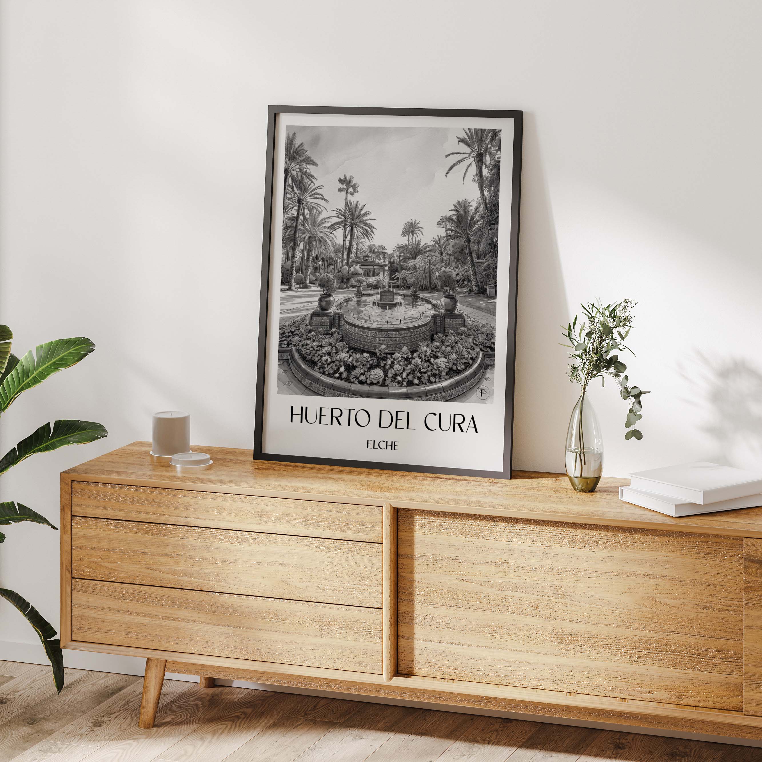 huerto-del-cura-elche-spanien-poster-aquarell-schwarz-weiss