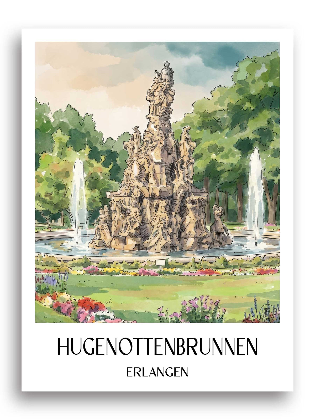 hugenottenbrunnen-erlangen-deutschland-poster-aquarell