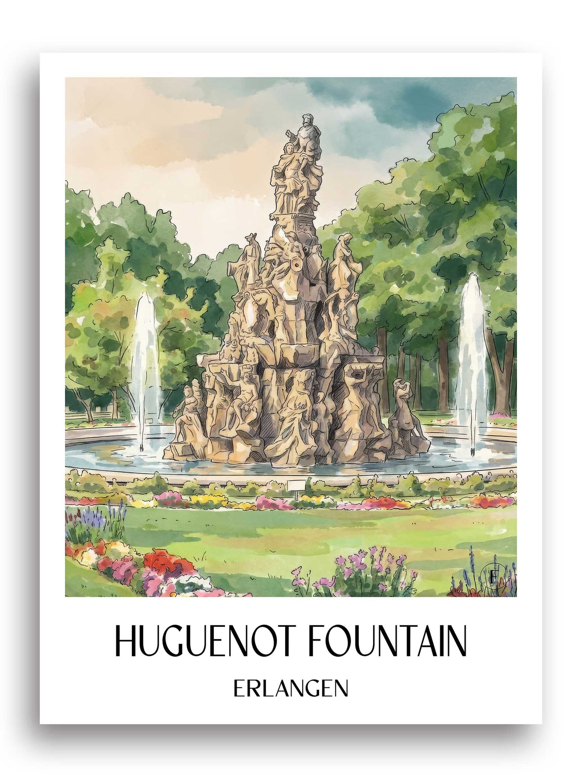 Hugenottenbrunnen Poster - Erlangen - Deutschland Kunstdruck - Aquarell von A4 bis A1 - favplace